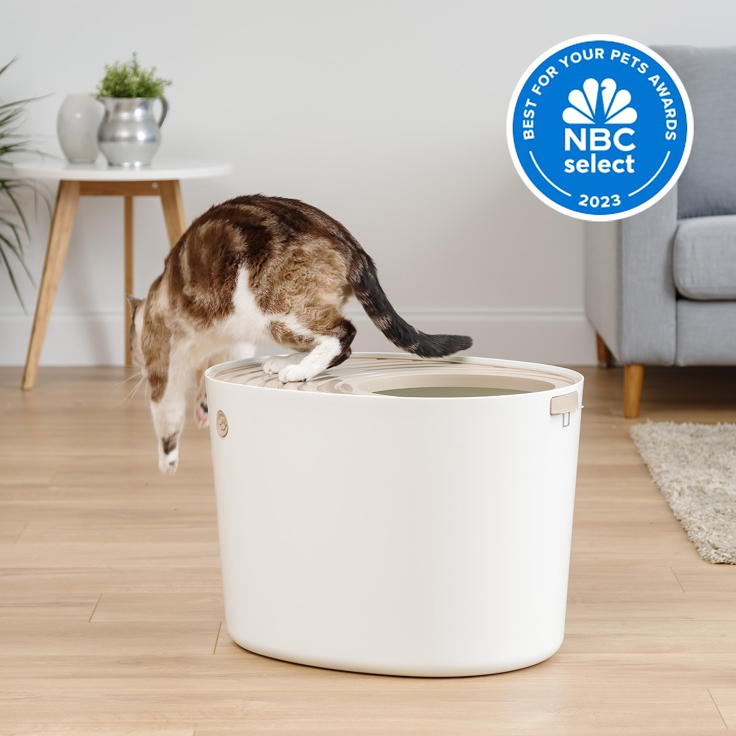 Iris Usa Cat Litter Box, Top Entry Litter Box With Scoop, Stylish Round Cat Litter Box Enclosure, Kitty Litter Box, White/Beige