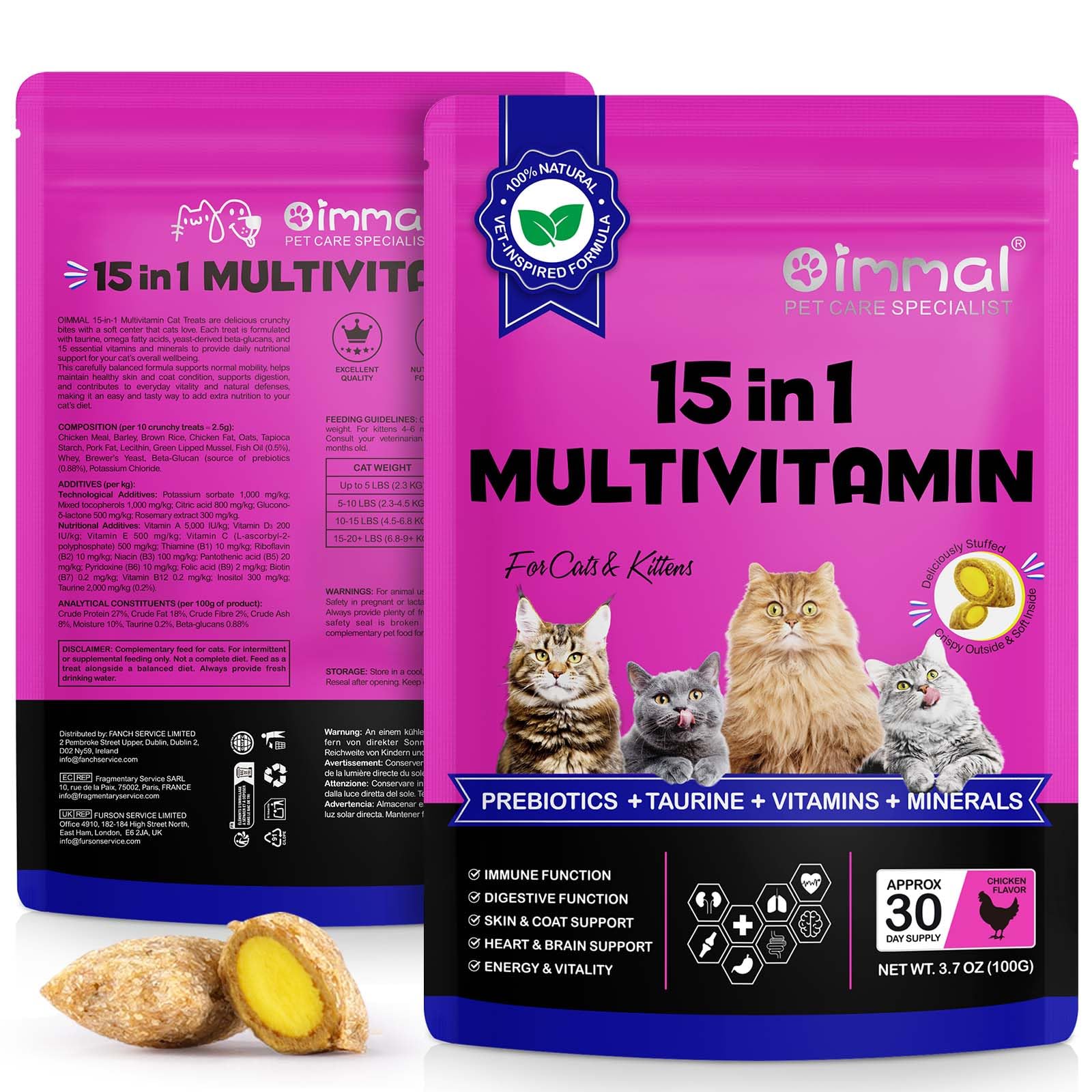 Cat Vitamins Treats, 15 in 1 Cat Multivitamin Chews Vitamins with Taurine, Omega Fatty Acids, Prebiotics for Health, Bones, Join