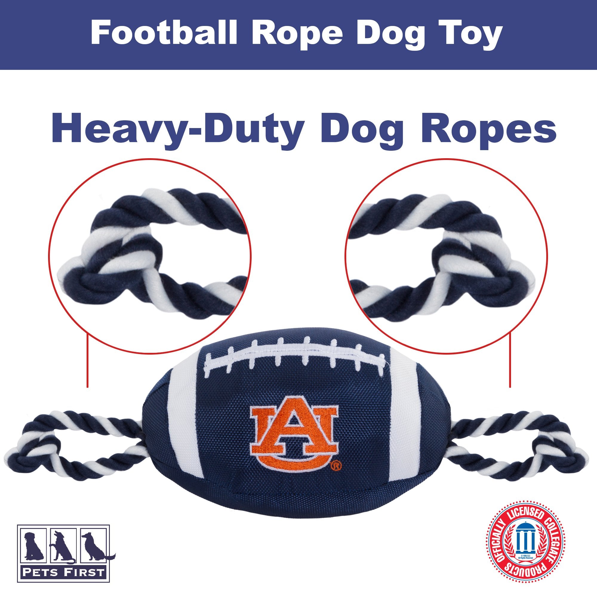 Pets First NCAA Auburn Tigers Football Dog Toy, Tough Quality Nylon Materials, Strong Pull Ropes, Inner Squeaker, Collegiate Tea