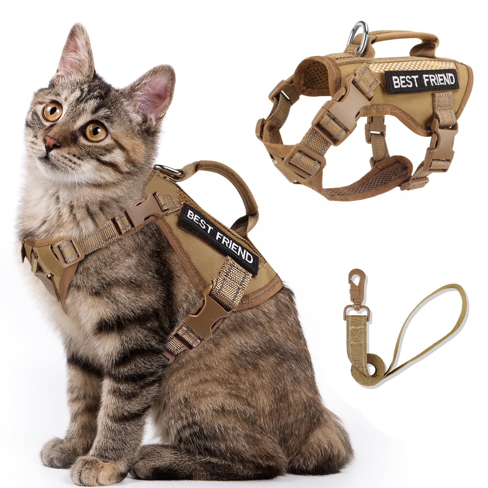 Salfse Large Tactical Cat Harness Leash, Air Mesh Adult Cat Walking Vest Harness Escape Proof With Handle, Reflective (Akhaki, L