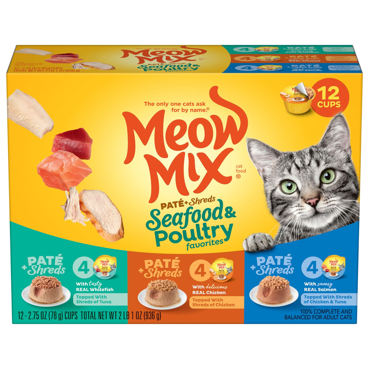 Meow Mix Paté & Shreds Wet Cat Food Variety Pack, Seafood & Poultry Favorites, 2.75 Ounce Cup (Pack Of 12)