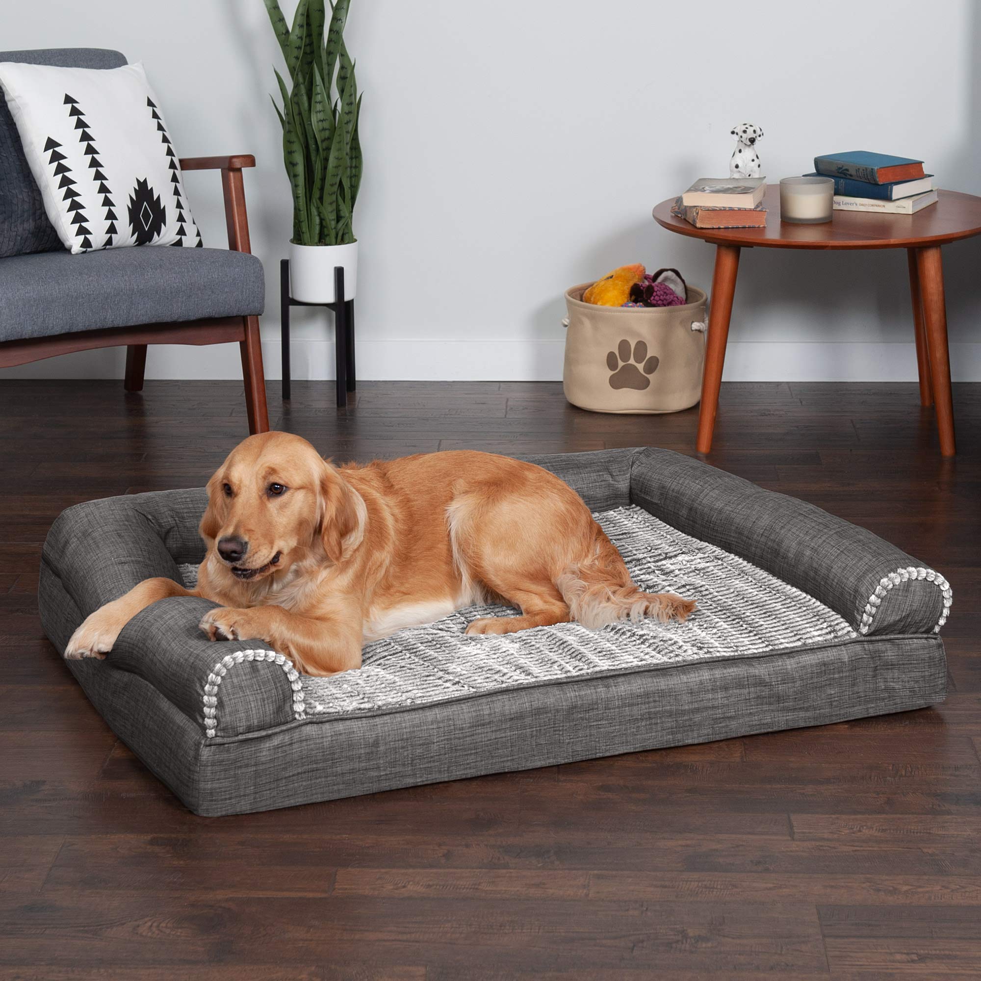 Furhaven Xl Cooling Gel Foam Dog Bed Luxe Faux Fur & Performance Linen Sofa-Style W/ Removable Washable Cover - Charcoal, Jumbo (X-Large)