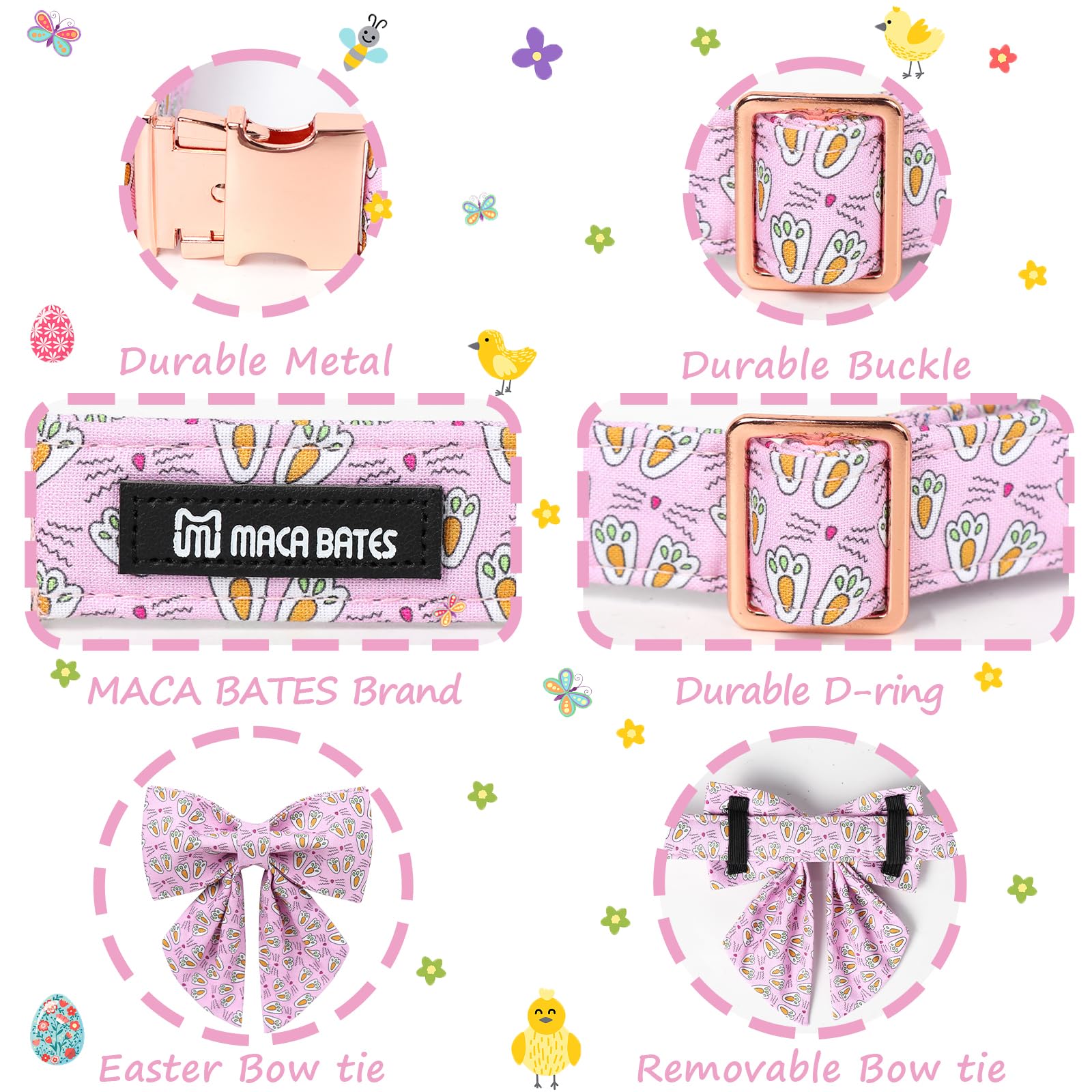 Maca Bates Easter Day Dog Collar With Bow Bowtie Bunny Paws Dogs Sailor Bow Tie Collars Breakaway Soft Cute Adjustable Pink Eggs