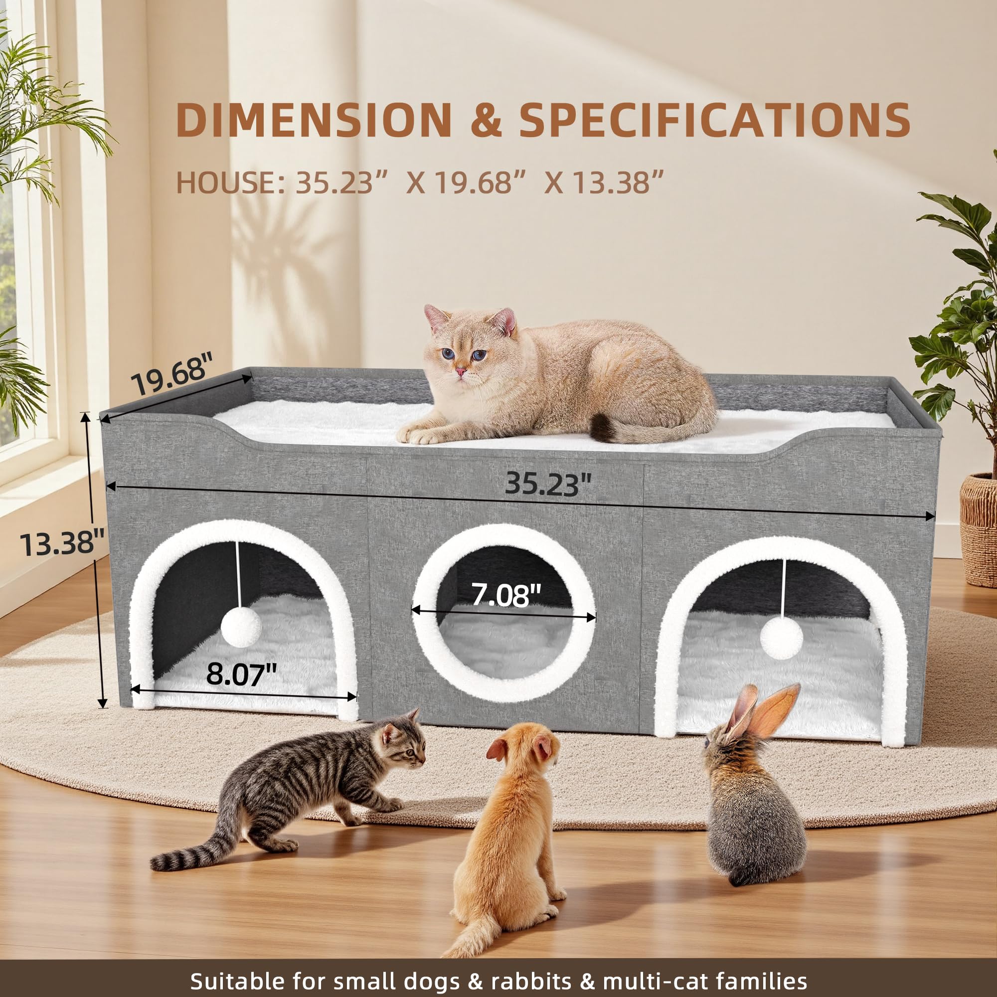 All-In-1 Extra-Wide Cat House For Indoor, Multi Cats Puppy Family, Large Cat Cave For Pet House With Fluffy Ball Hanging And Scr