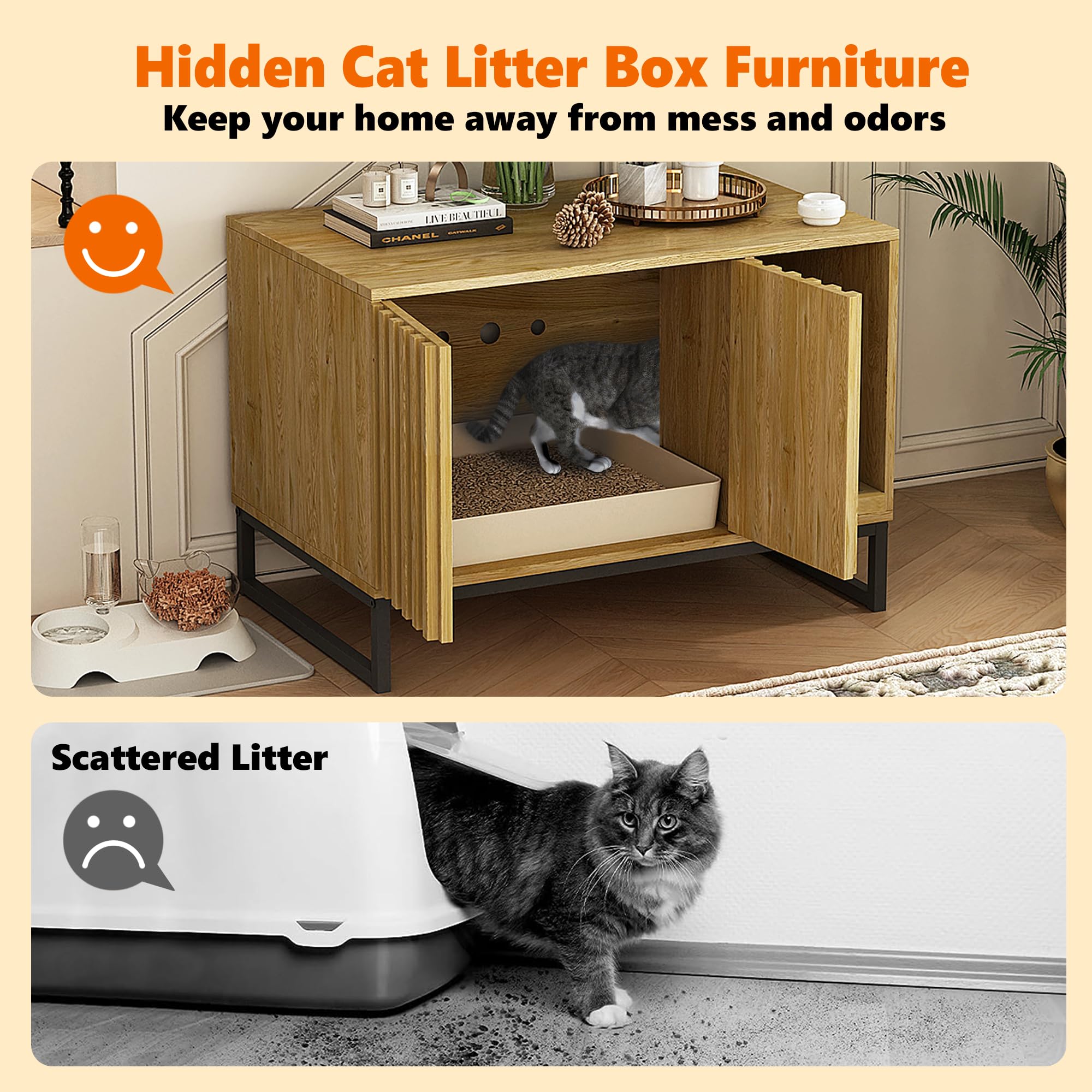 Halitaa Litter Box Enclosure, Modern Cat Litter Box Enclosure Furniture Hidden Litter Box With Scratch Pad, Cat Washroom Cat Hou
