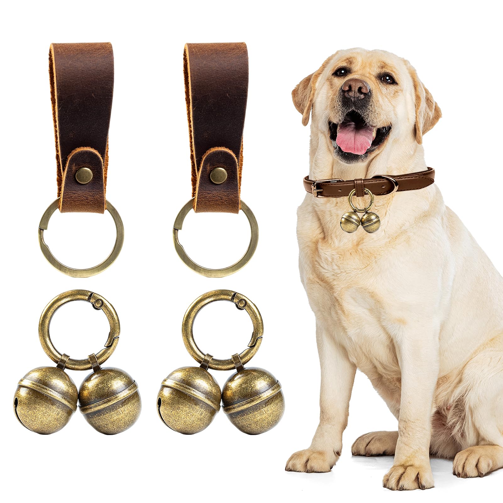 Geehouz Loud Dog Collar Bells, Durable Pet Bells Tracker For Large Dogs, 4 Copper Ells And 2 Leather Button Strap For Outdoor Sa