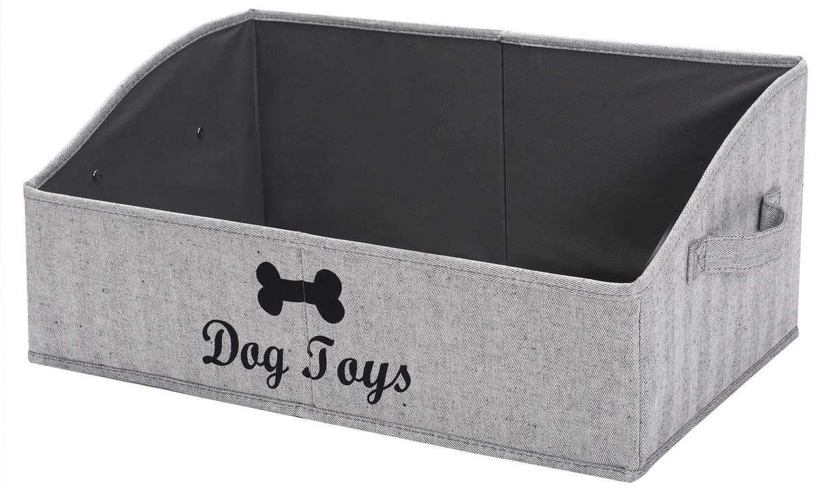 Geyecete Large Dog Toy Bin Dog Toy Box Storage Box - Foldable Fabric Trapezoid Organizer Boxes With Handle, Collapsible Basket For Dog Toys (Striped Gray-Dog)