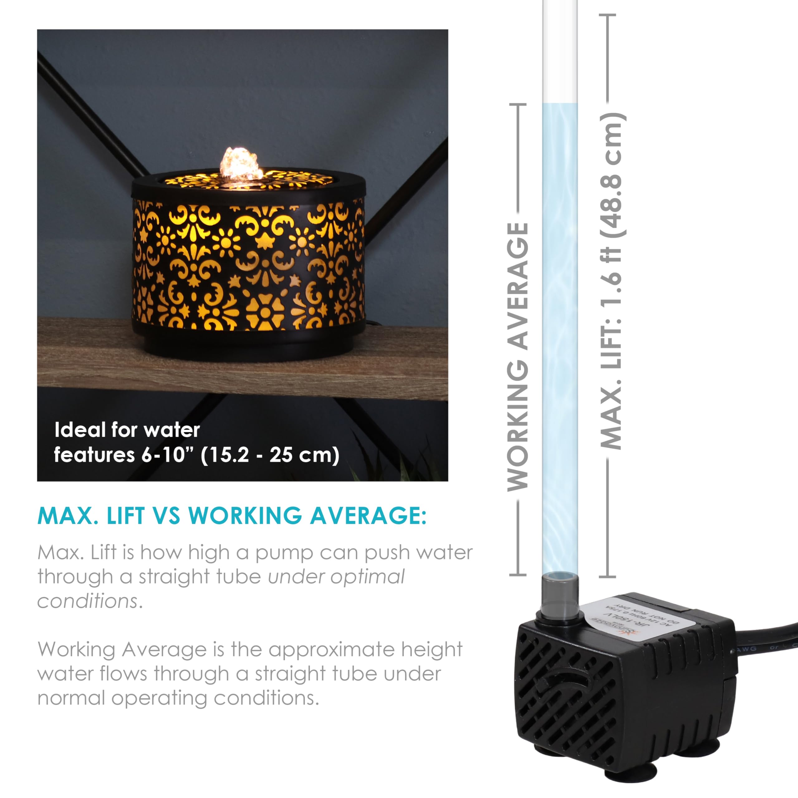 Sunnydaze 40 Gph Pump For Fountains, Aquariums, Or Bird Baths - 6-Color Led Light Ring - Transformer - 1.6-Foot Max Lift