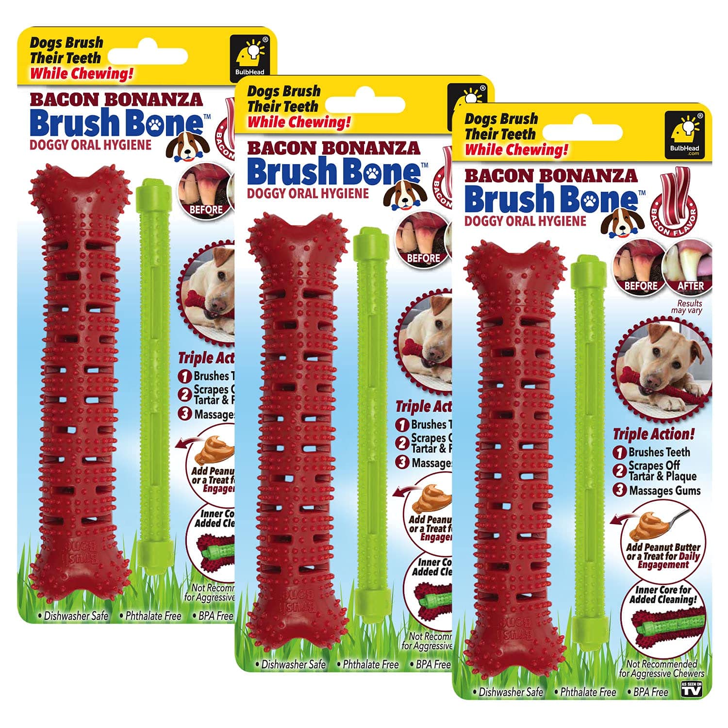 BulbHead Bonanza Toothbrush, Infused with Real Flavor - Dogs Chewing, Plaque and Tartar Remover for Teeth, Works 3 Ways to Clean