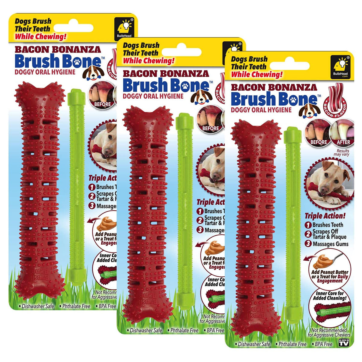 BulbHead Bonanza Toothbrush, Infused with Real Flavor - Dogs Chewing, Plaque and Tartar Remover for Teeth, Works 3 Ways to Clean