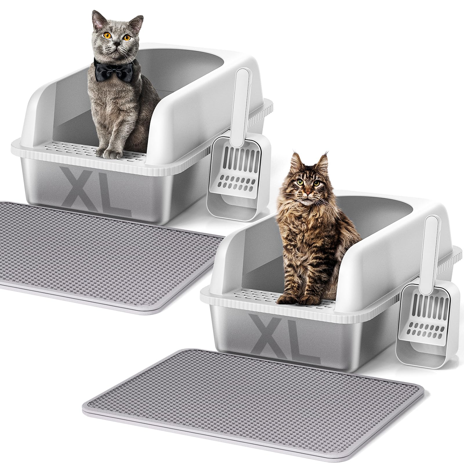 Henkelion 2 Pack Stainless Steel Cat Litter Box With Lid, 24'' L X 16'' W X 11.8'' H, Extra Large Litter Box For Big Cats With H