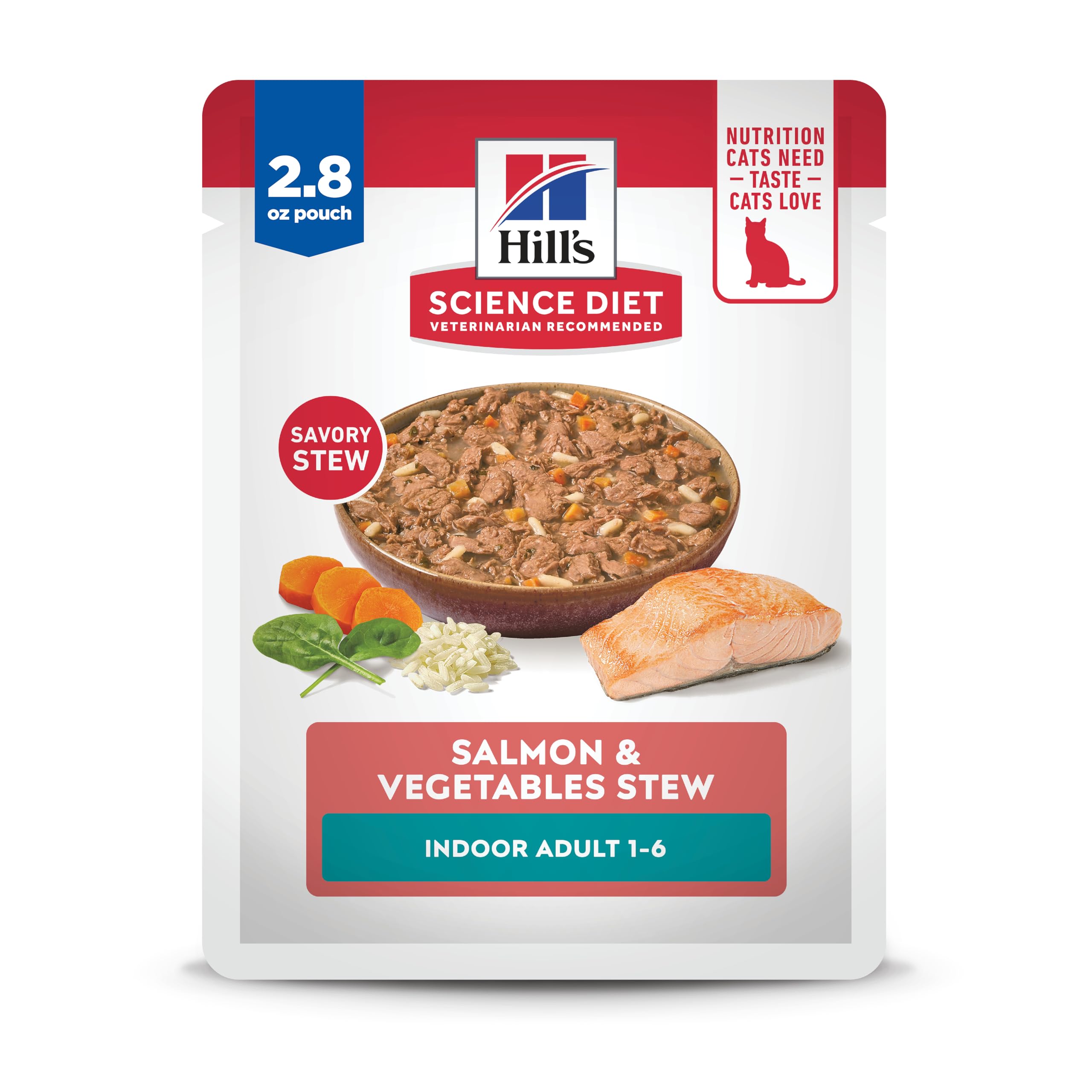 Hills Science Diet Indoor, Adult 1-6, Easy Litter Box Cleanup, Wet Cat Food, Salmon & Vegetables Stew, 2.8 oz Pouch, Case of 24