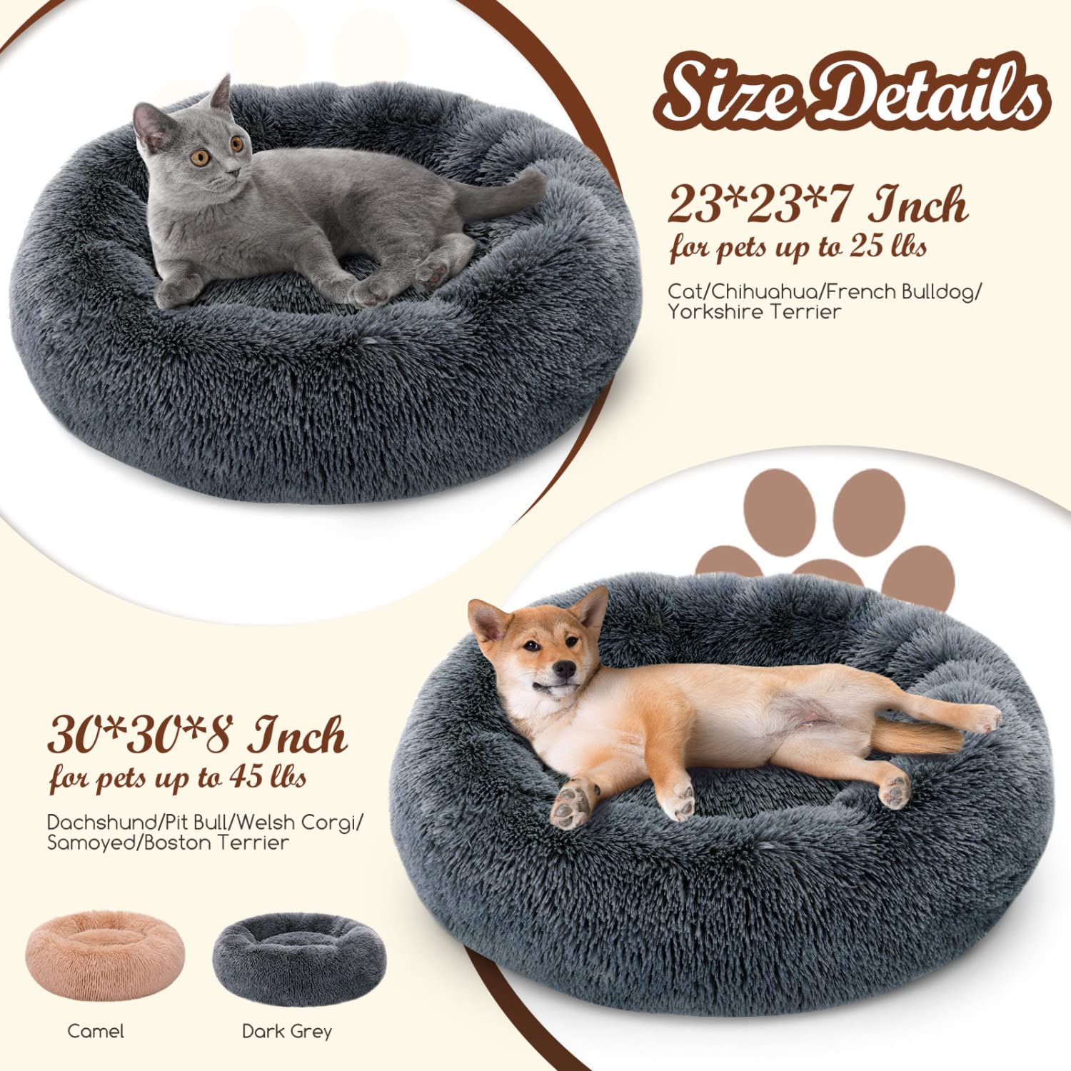 Nobleza Dog Bed For Small Dogs, Washable Soft Round Fluffy Donut Self-Warming Cat Calming Bed, Anti-Anxiety Cuddler For Indoor S