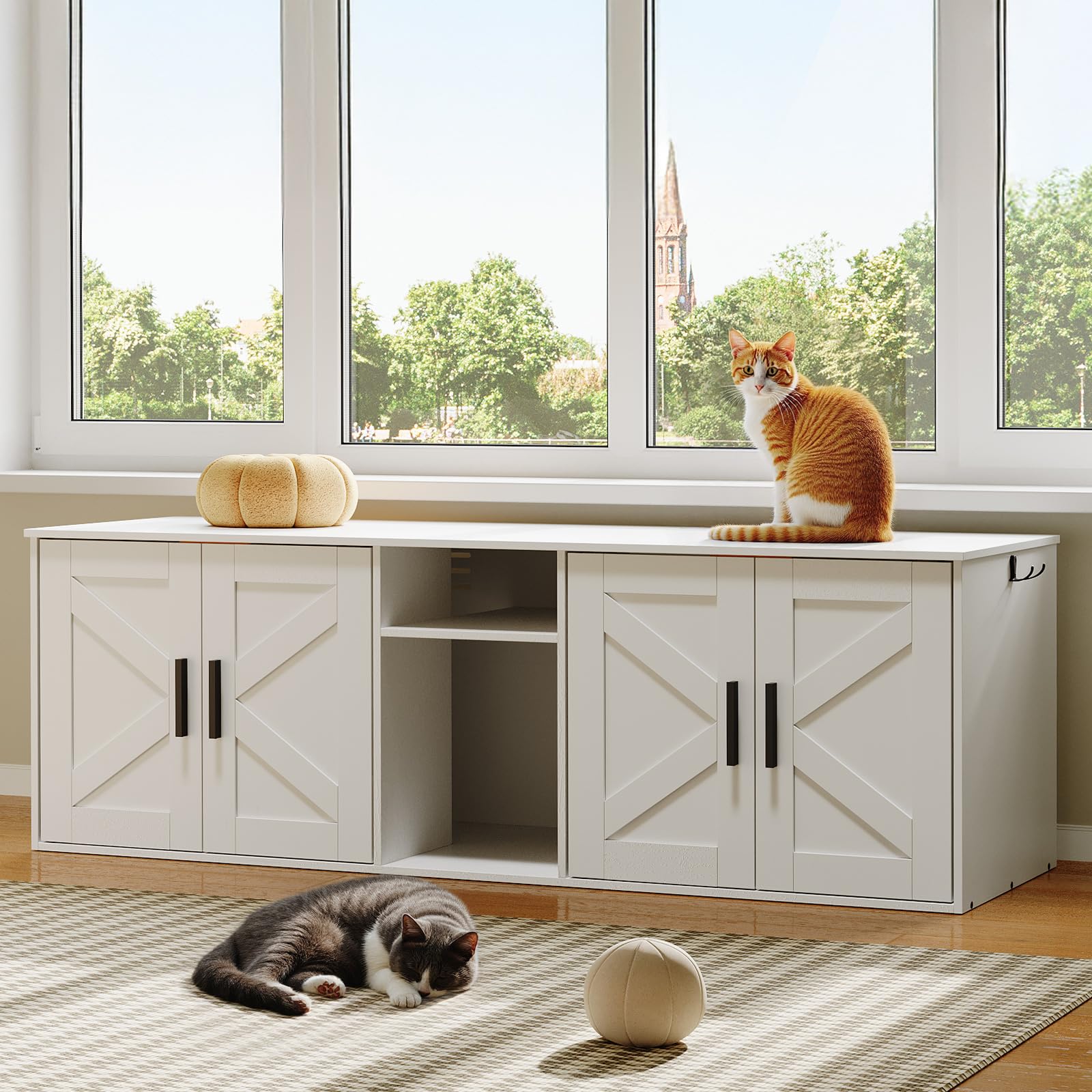 Hoobro 58.3'' Cat Litter Box Enclosure, Litter Box Furniture For 2 Cats, Cat House With Corridor, Tv Stand With Storage, Double