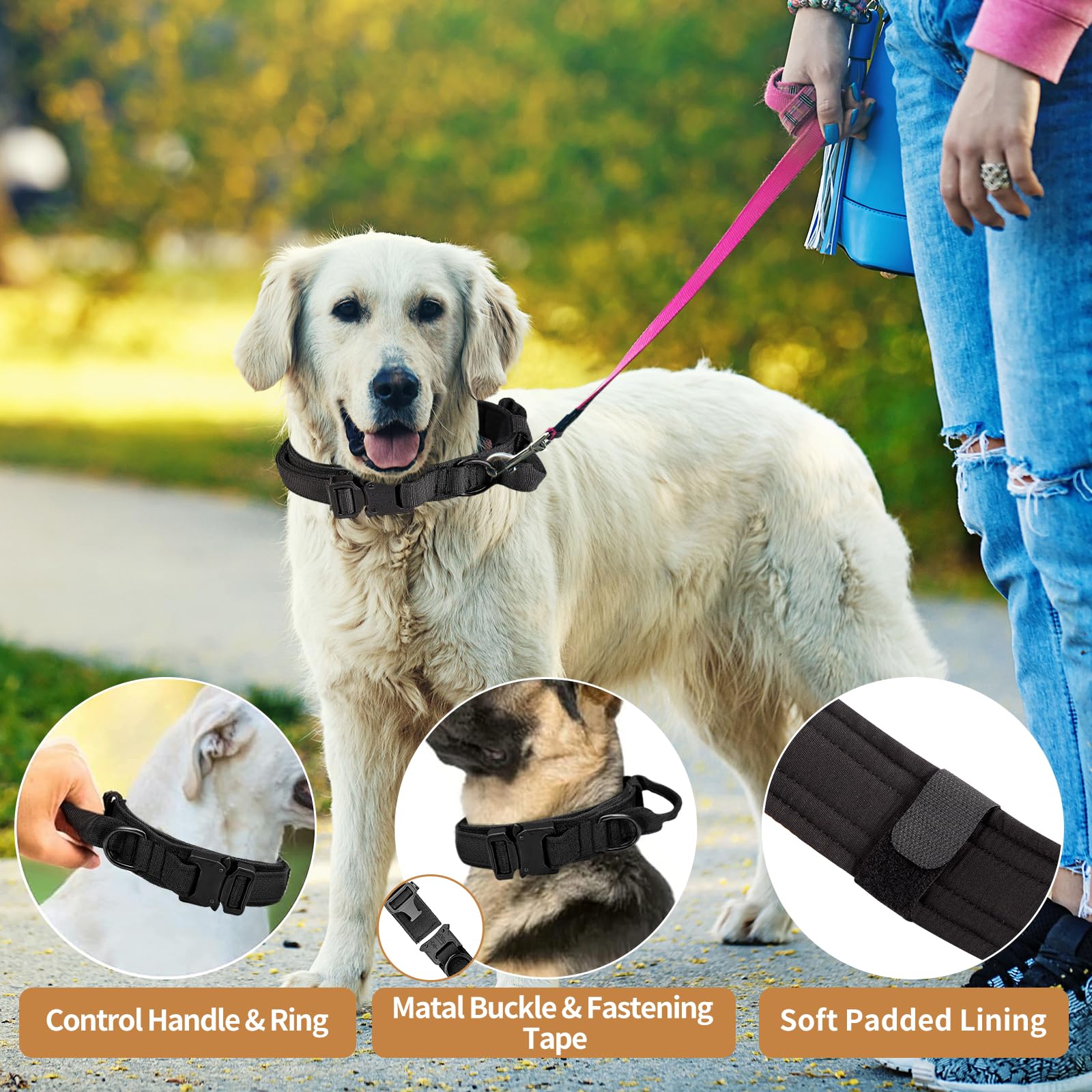 Tactical Military Dog Collar - Adjustable Heavy Duty Metal Buckle Nylon Collar With Control Handle For Small To Large Dogs (Blac