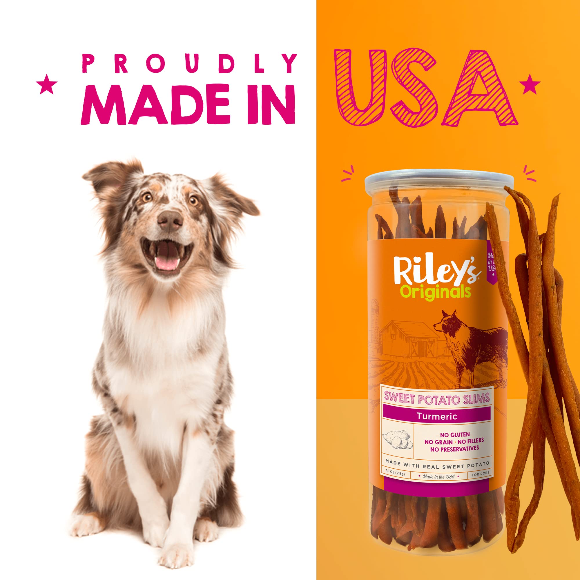 Rileys Slims Dried Sweet Potato Dog Treats - Dehydrated Chews with Turmeric - Limited Ingredient USA Sourced Sweet Potato - Mad