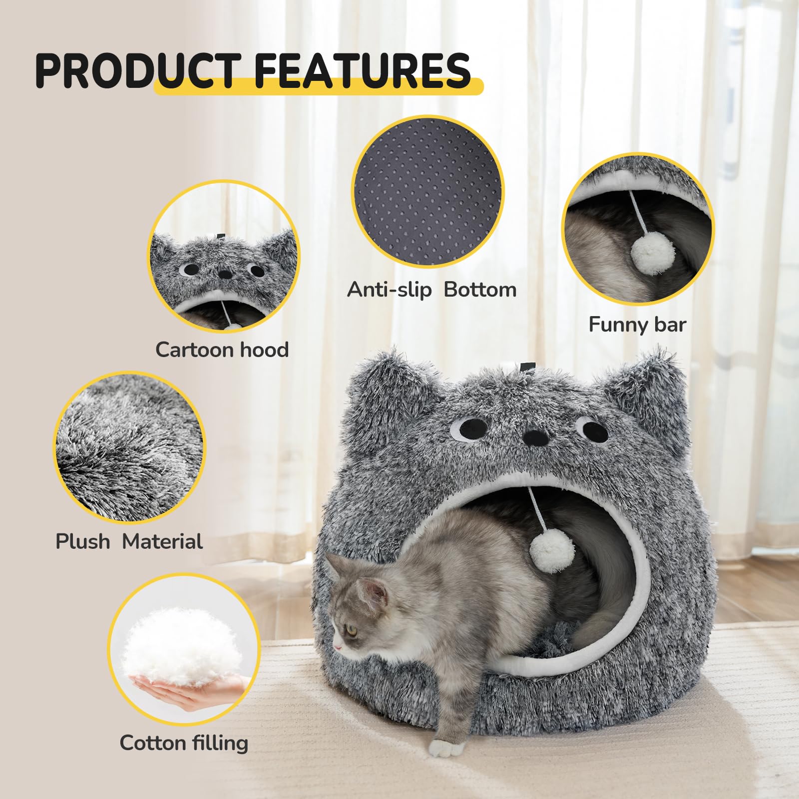 Catism Cat Bed For Indoor Cats - Cat Bed Cave Washable, Soft Plush, Removable Pillow, Non-Slip Base, Large Cave With Toy Balls F
