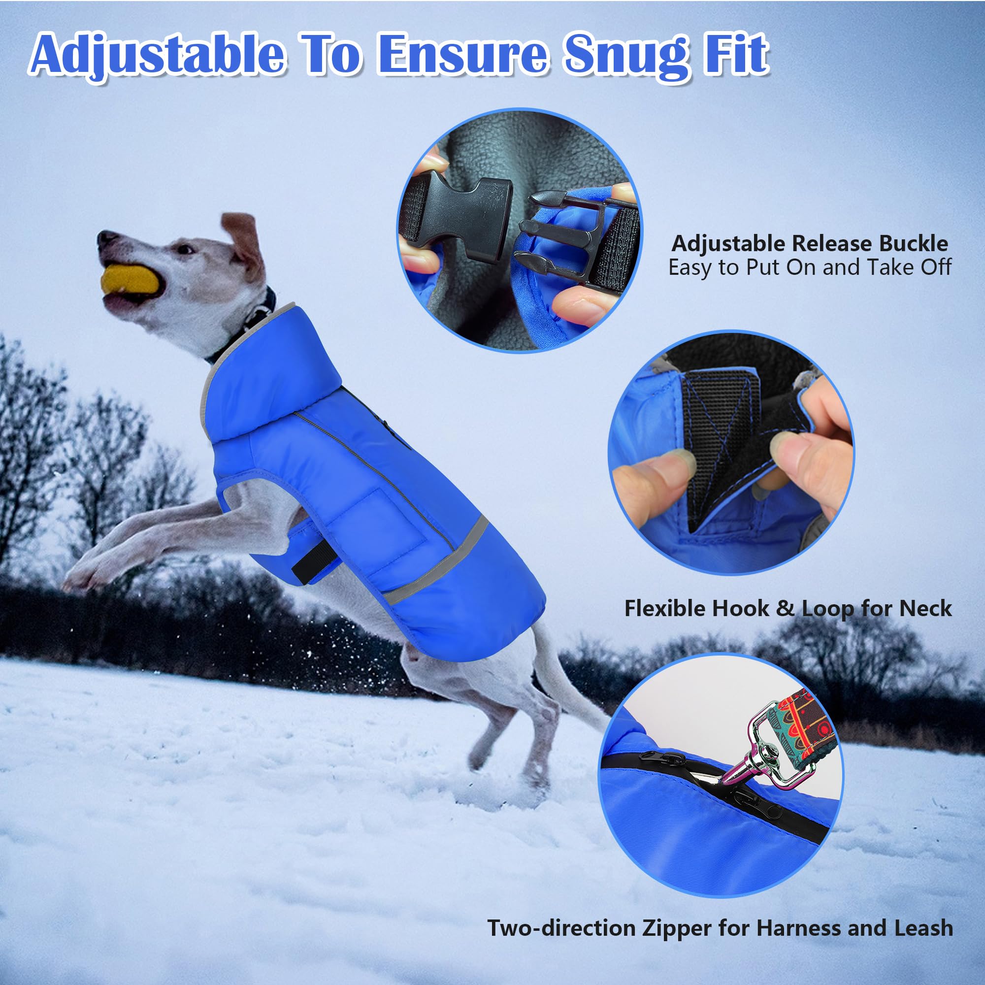 Dogcheer Waterproof Dog Coat - Adjustable Winter Jacket, Fleece Vest for Large Dogs, Blue