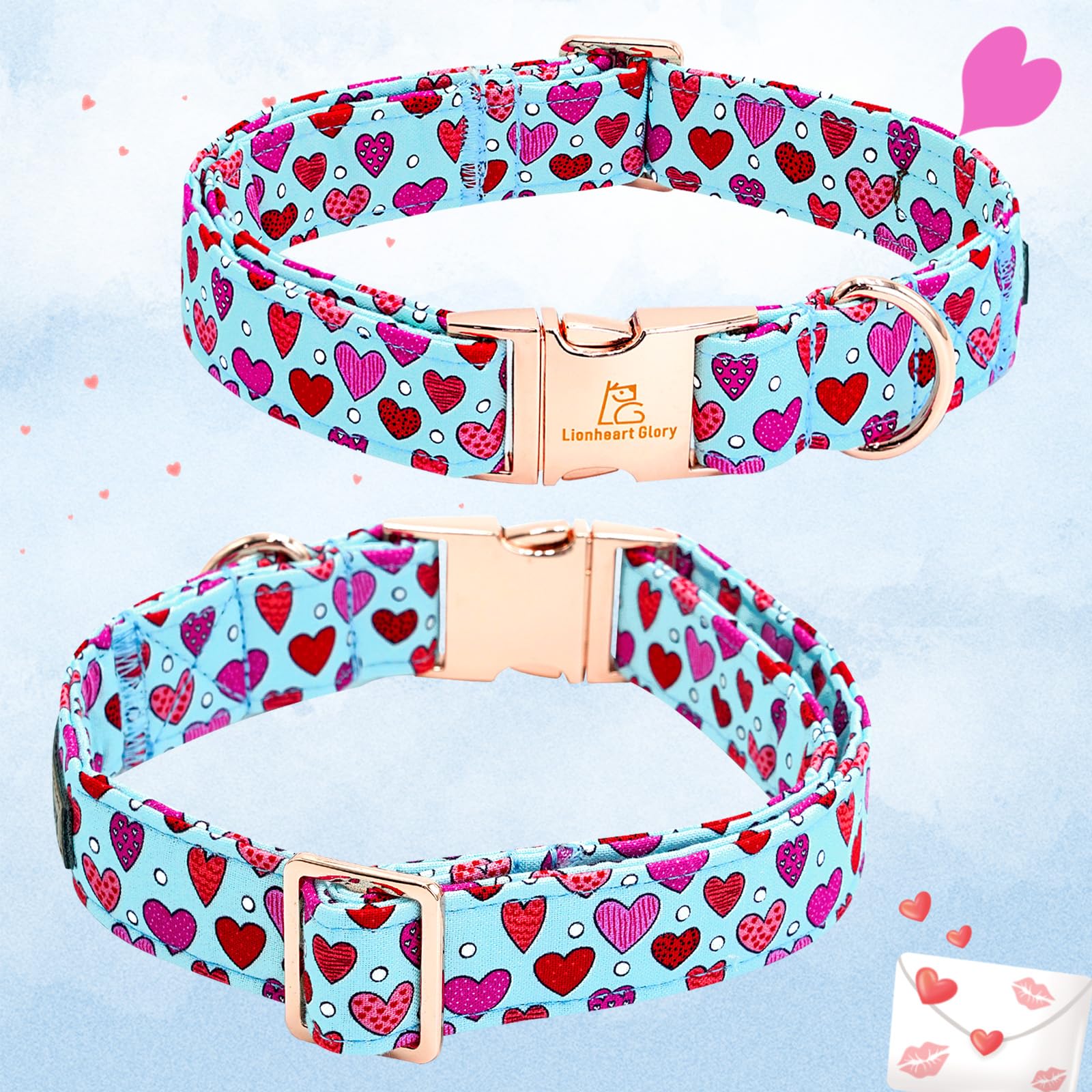 Lionheart Glory Valentine'S Day Dog Collar-Red Hearts Print Dog Collar With Flower For X-Small Dogs Spring Blue Cute Dog Bow Col