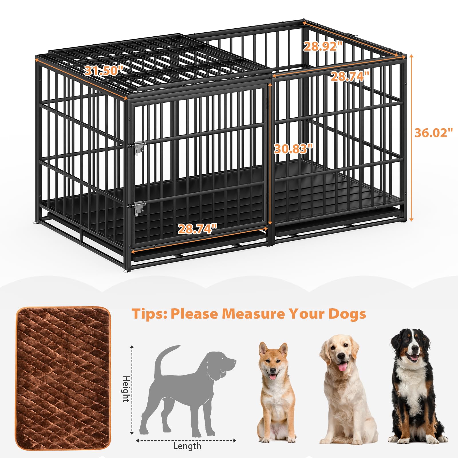Rovibek Heavy Duty 61 Inch Steel Dog Crate, Escape Proof, Indestructible, Black, Model RXZER17