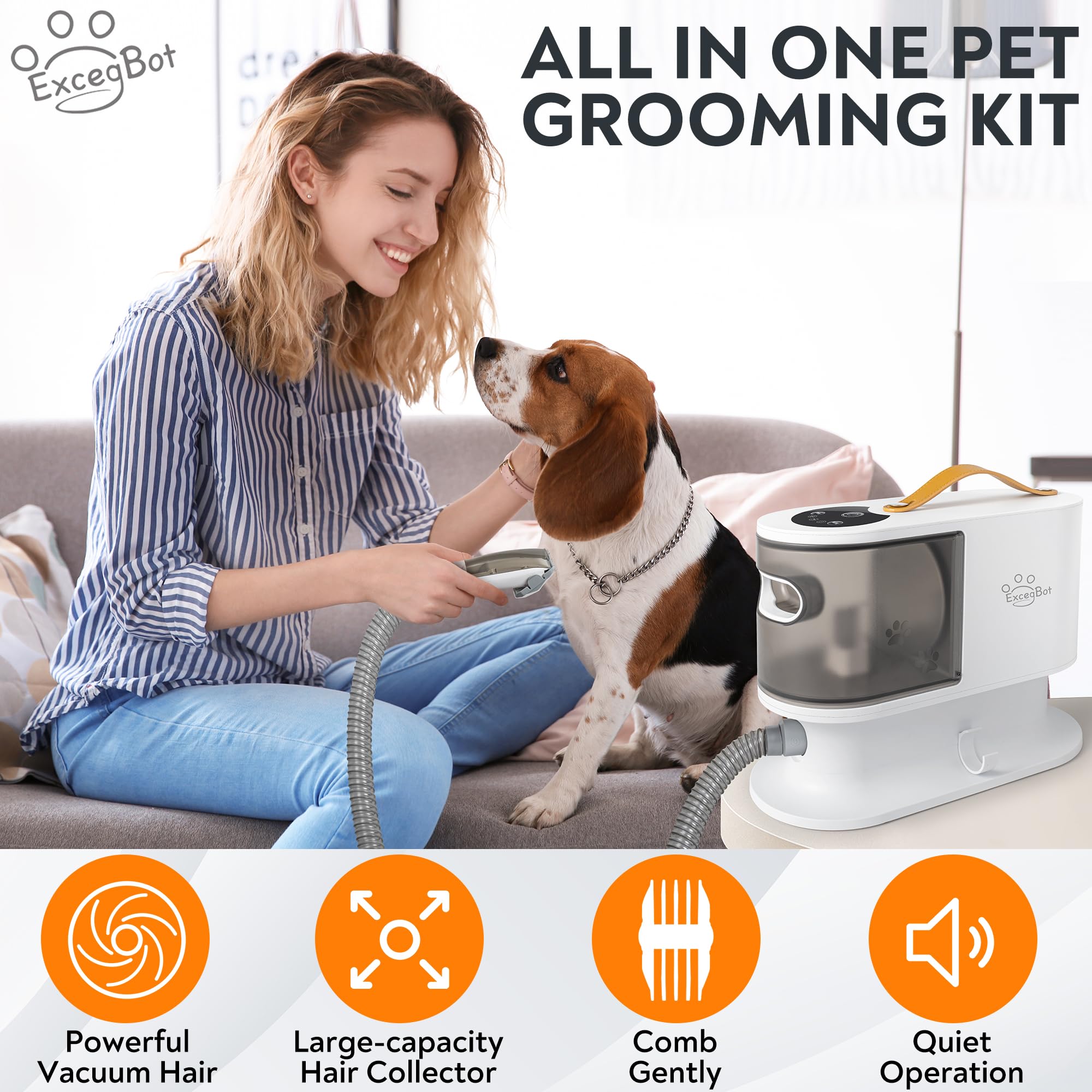 ExcegBot Dog Grooming Vacuum, Dog Grooming Kit 12kPa Suction Hair Remover Low Noise Pet Brush Vacuum Collects 99% Hair, 2L Dust
