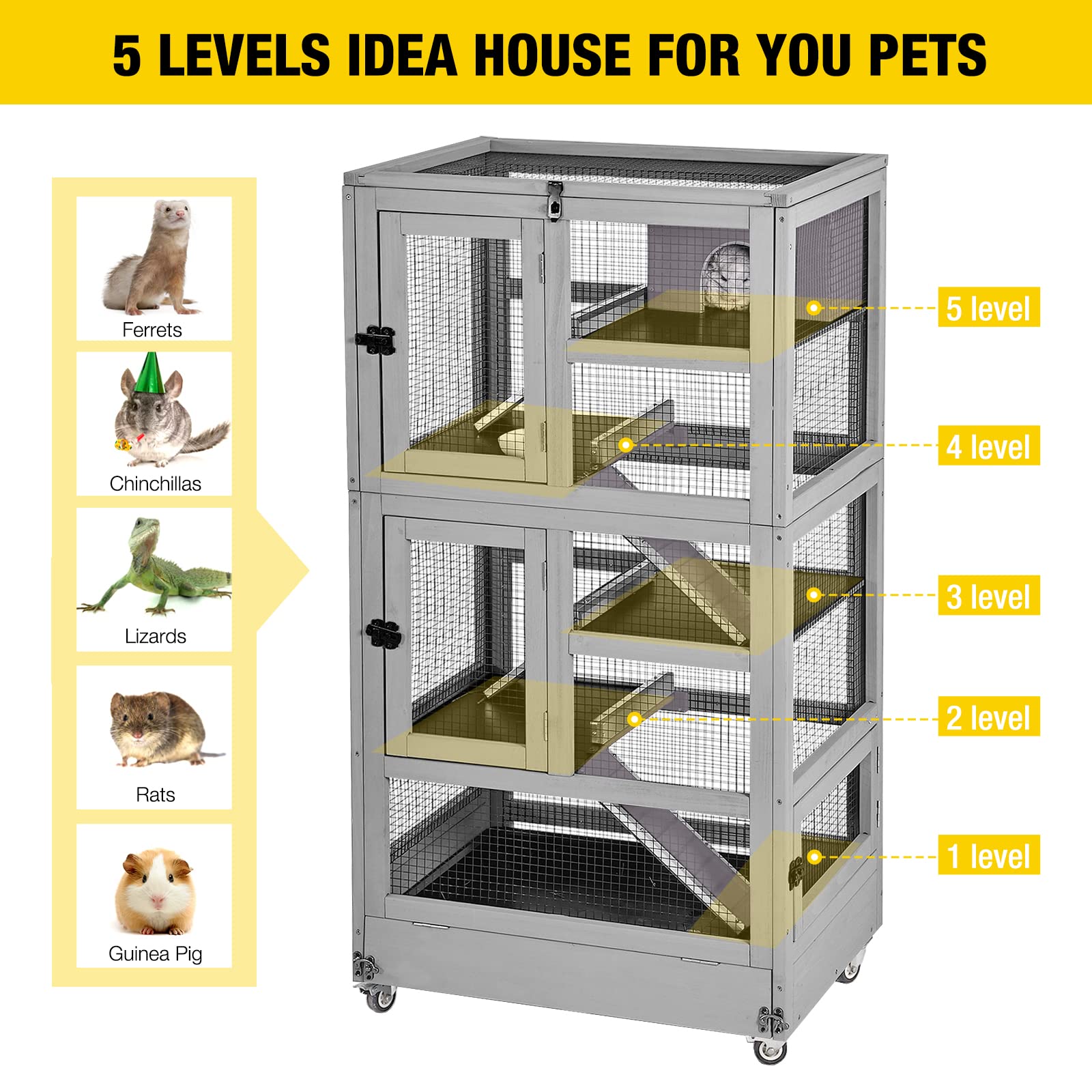 Aivituvin Ferret Cage Large Chinchilla Cage Upgrade Metal Frame Rat Cage,5 Levels Critter Nation