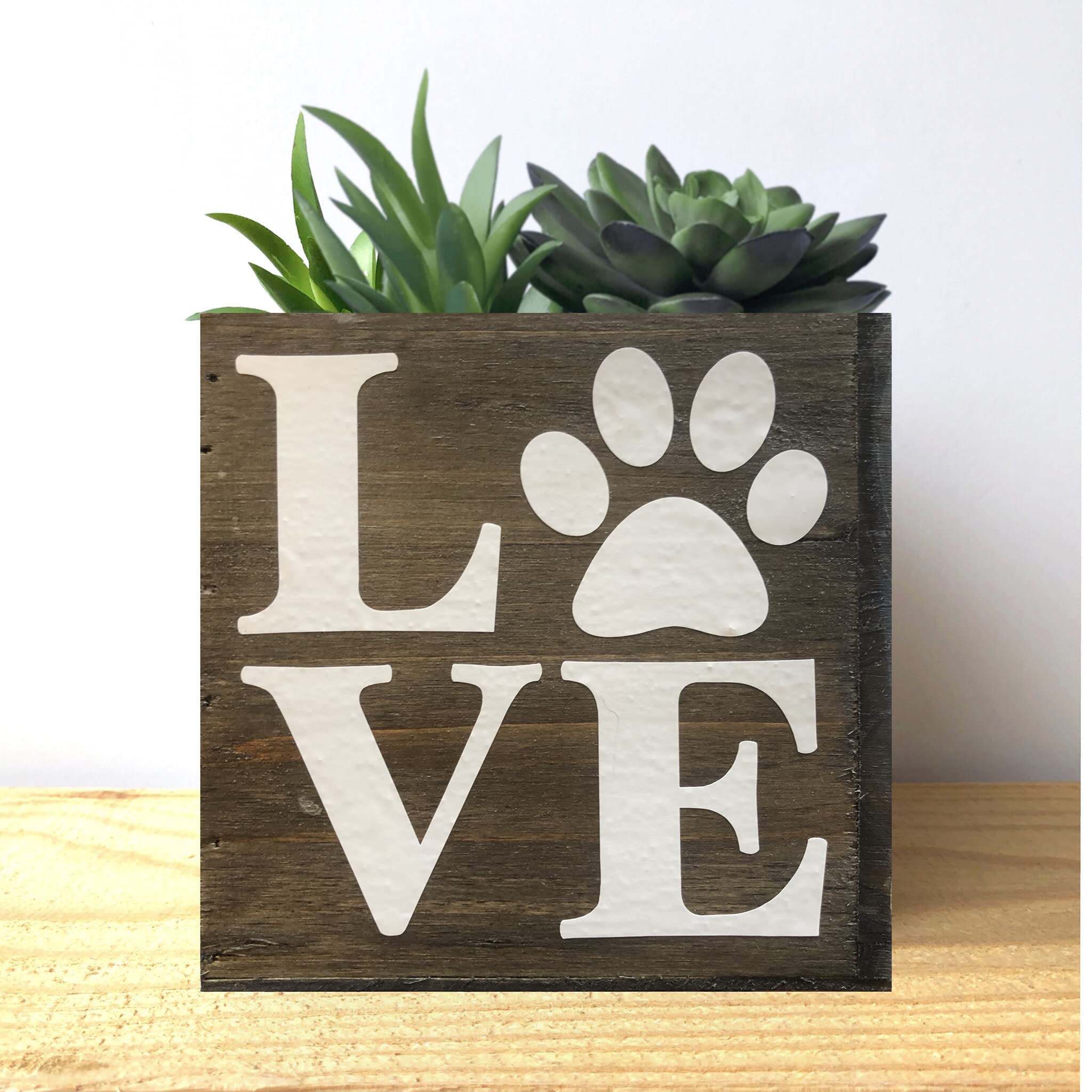 Paw Love Succulent Planter, Cute Gift For Cat And Dog Lovers, Veterinarian, Decorative Bin (5 Square Inches, Natural Brown Wood)