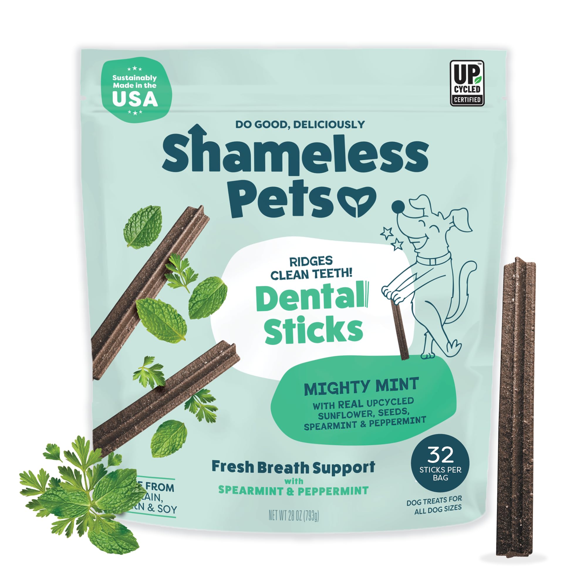 Shameless Pets Dental Chews for Dogs, Mighty Mint Dental Sticks, Healthy Treats for Teeth Cleaning & Fresh Breath - Free from Gr