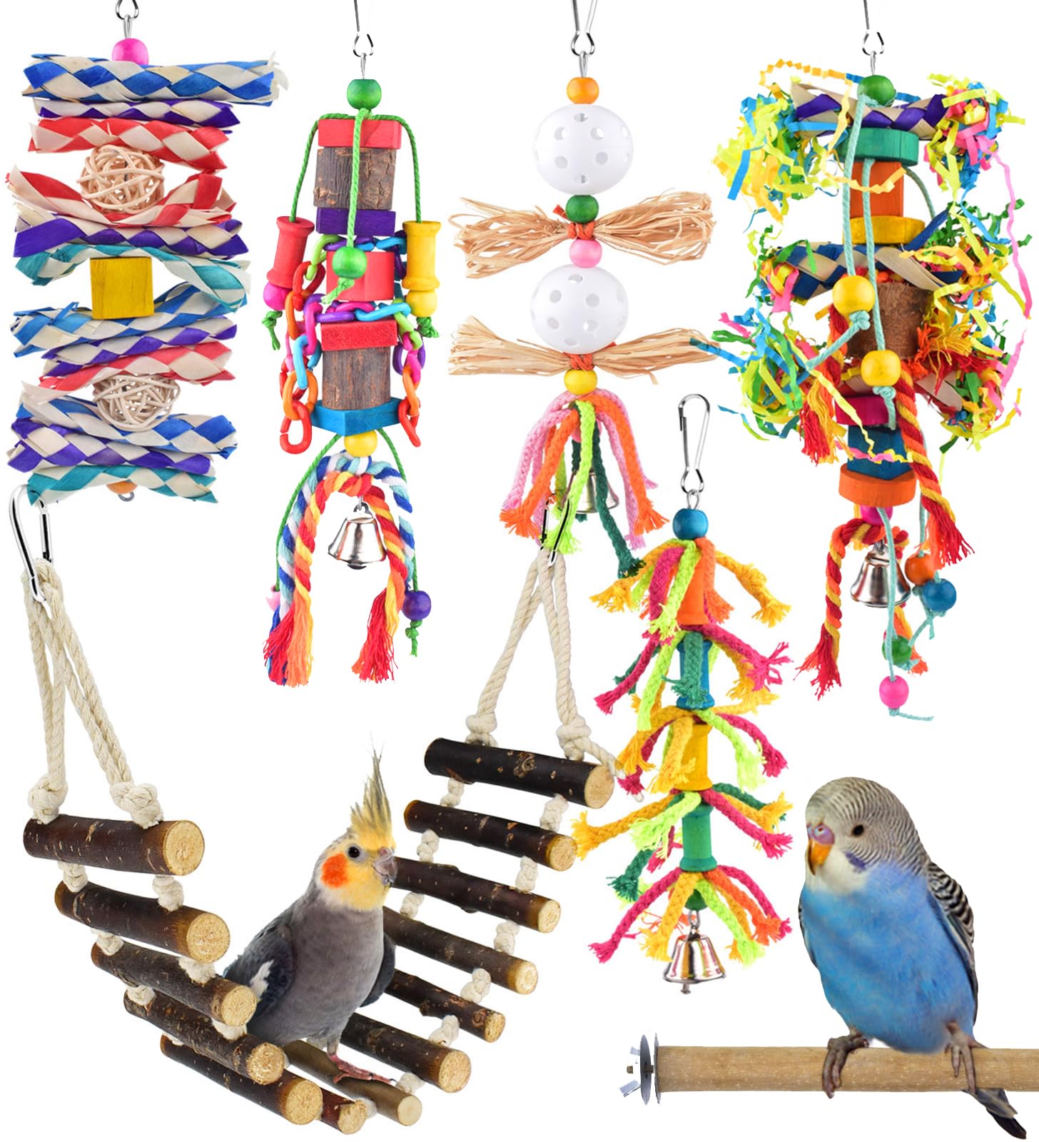 KATUMO Bird Toys, Parakeet Swing Parrot Ladder Cockatiel Perch Conure Hanging Bell Toys for Parakeet Conure Cockatiel Mynah Love