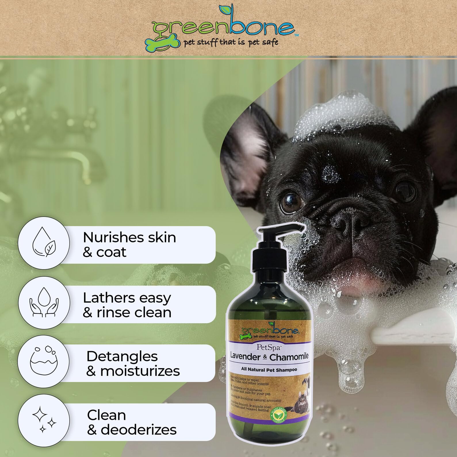 Greenbone Pet Spa All-Natural Plant-Based Shampoo - Lavendar & Chamomile - Calming & Soothing