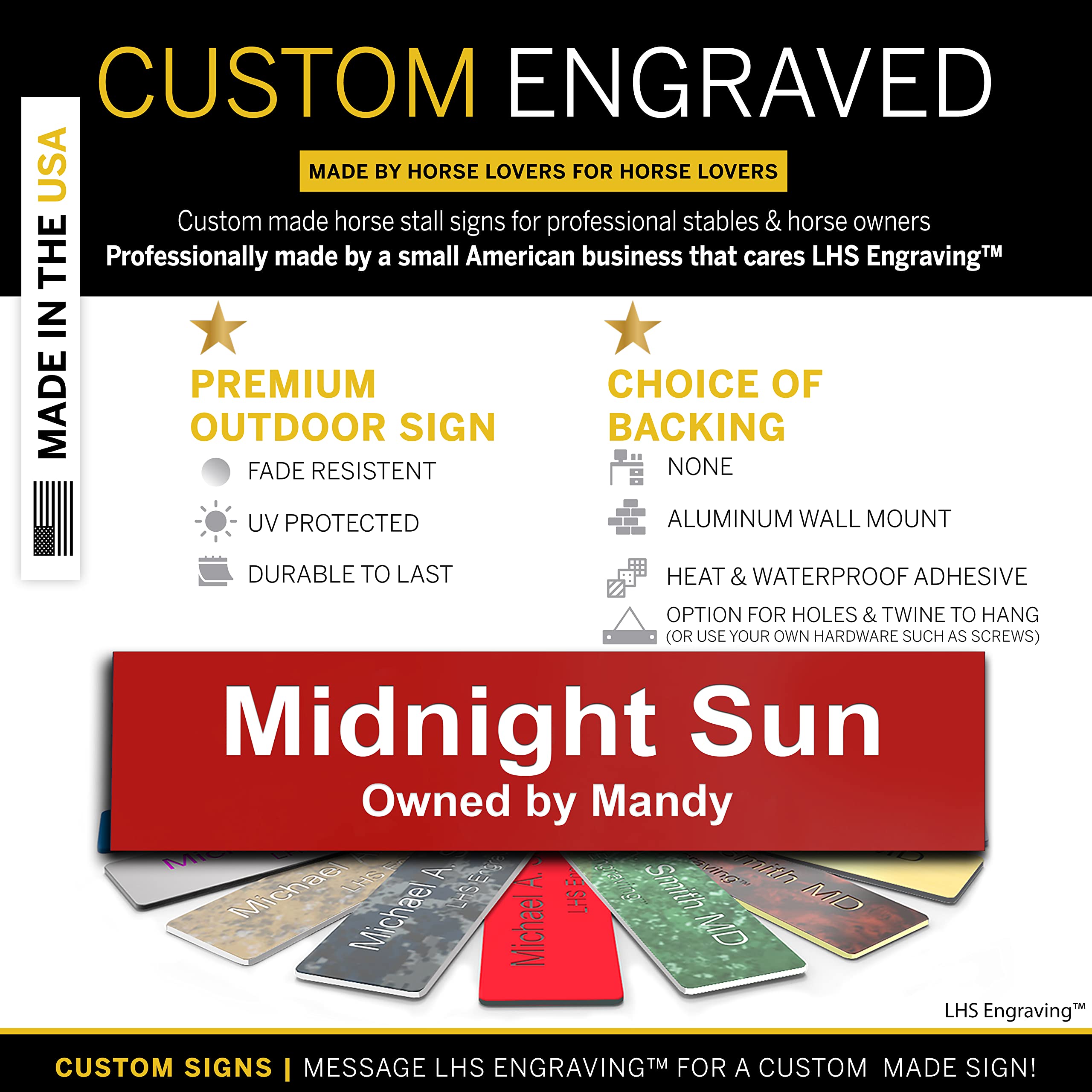 Lhs | Personalized Horse Stall Name Plates, 2X8 Horse Stall Signs With Adhesive, All Weather Uv Protected, Red Plastic White Let