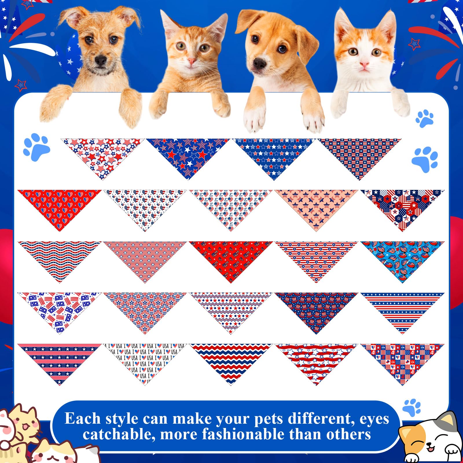 Chicingyou 48 Pcs 4th of July Dog Bandanas Bulk Patriotic Bandana to Dog Independence Day Puppy Triangle Scarf Bibs Adjustable W
