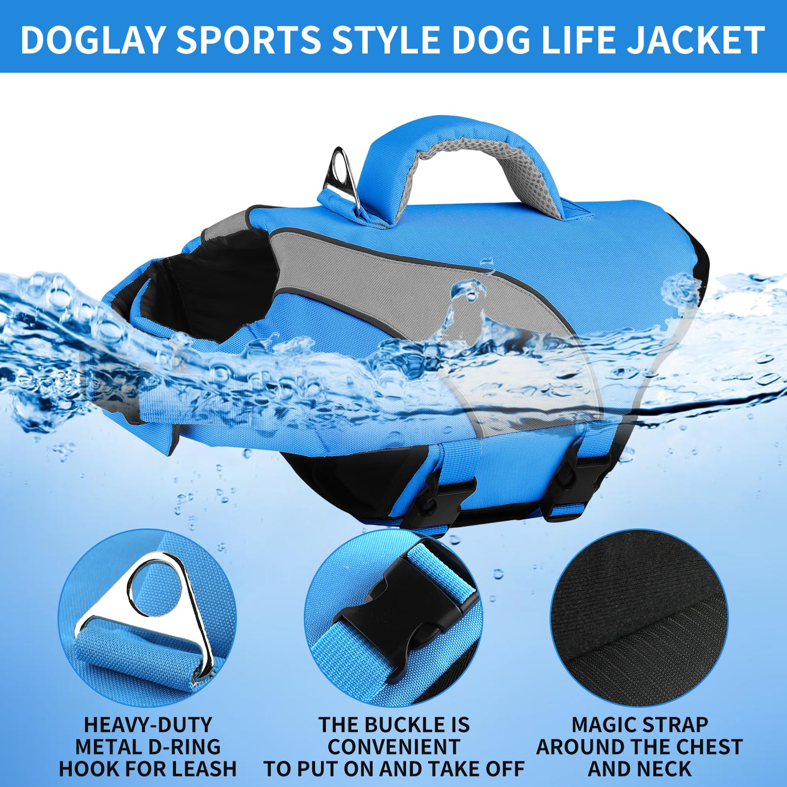Doglay Dog Life Jacket, Swimming Safety Vest With Rescue Handles And Reflective Stripes, High Visibility For Boating, Heavy Duty