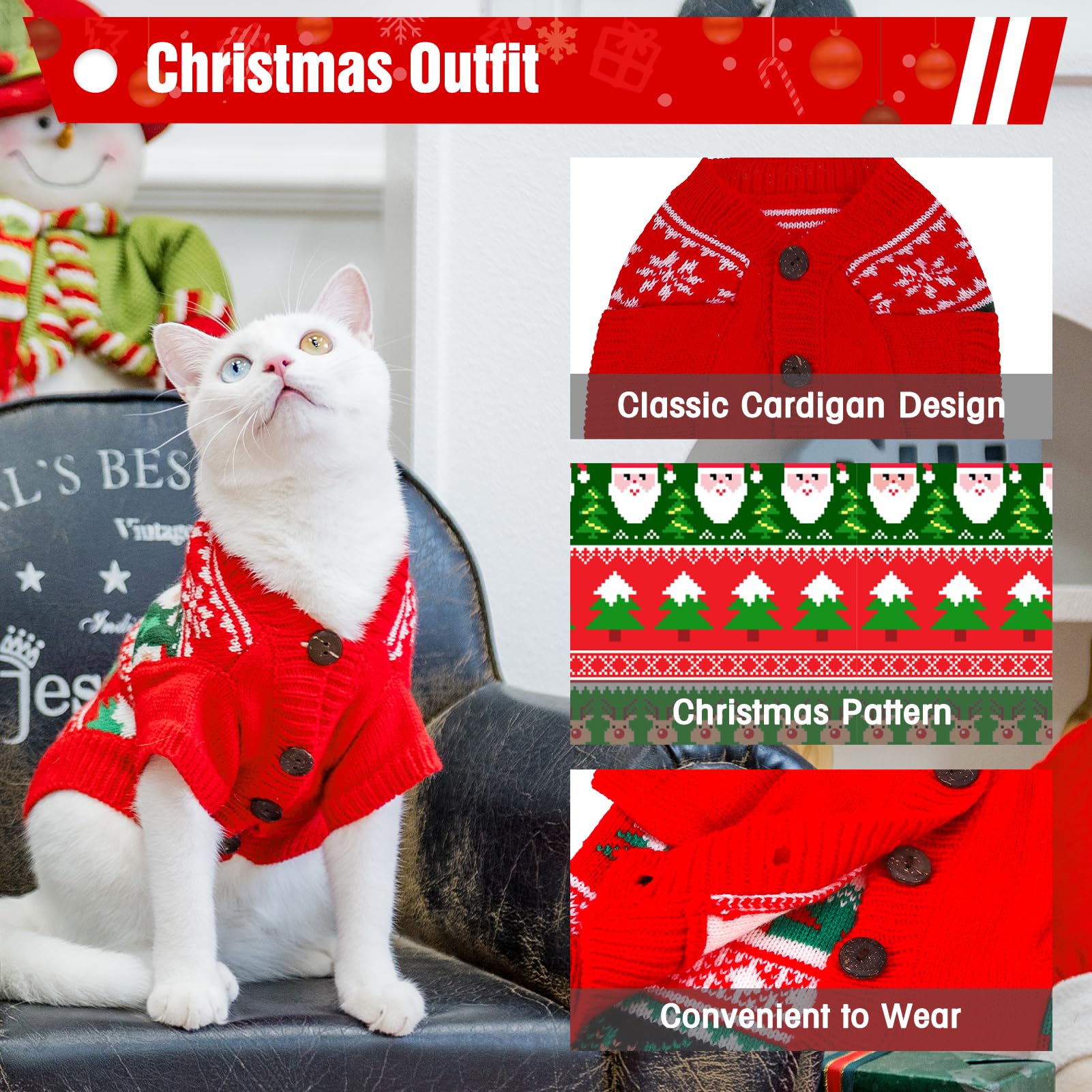 Expawlorer Christmas Sweater - Stylish Knitted Outfit For Cats, Soft Clothes, Knitwear Xmas Sweater With Sleeve, Warm Apparel Fo