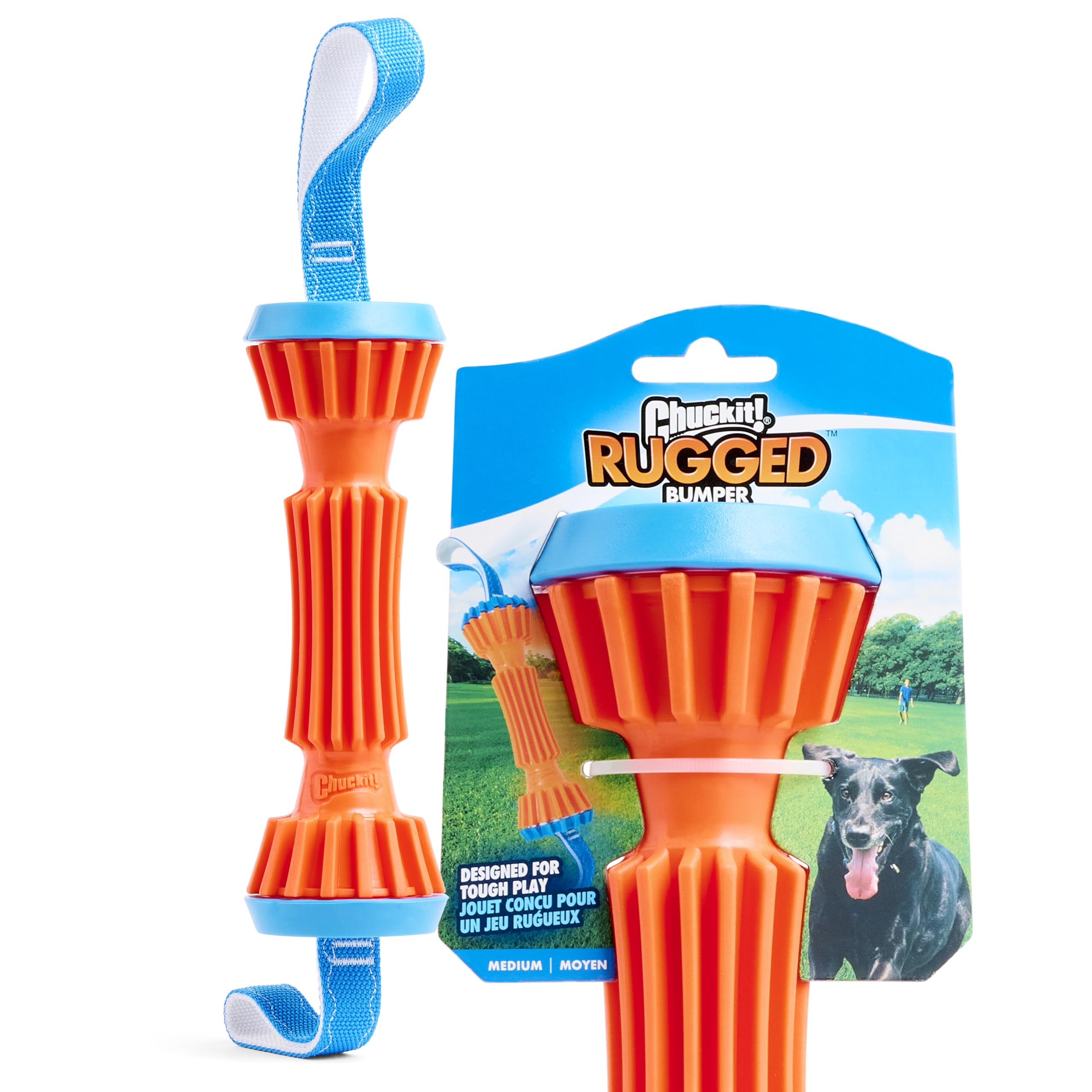 Chuckit! Rugged Bumper Dog Toy - Durable Fetch Stick With Tpr Ridges For Easy Grip - Tug-Of-War Toy For Medium And Large Dogs - Floats In Water - Size Medium - 13.5-Inch Length - Orange And Blue