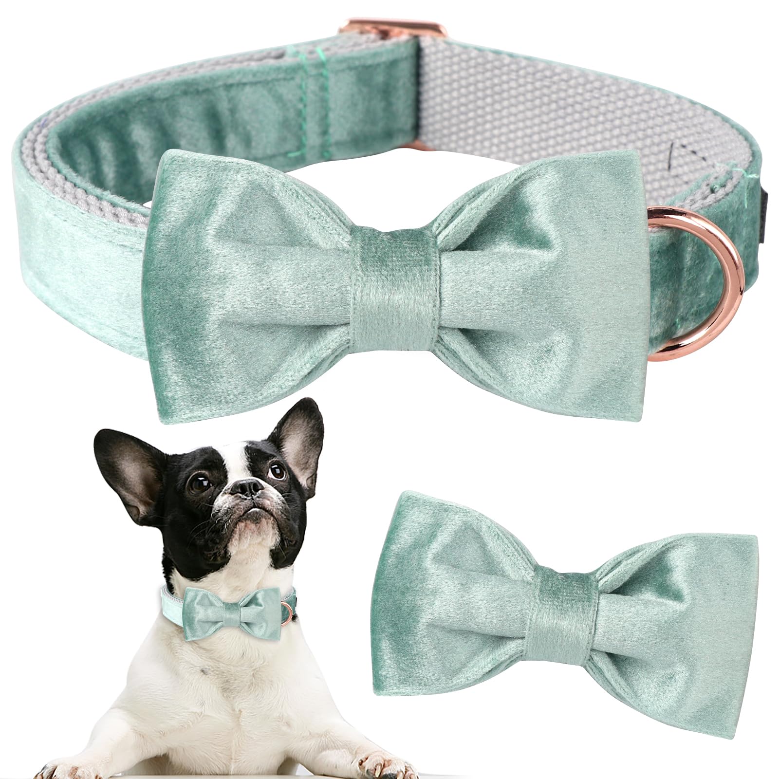 ARING PET Velvet Dog Collars with Bow tie, Dog Bowtie Collar, Adjustable Green Dog Collar,Small.