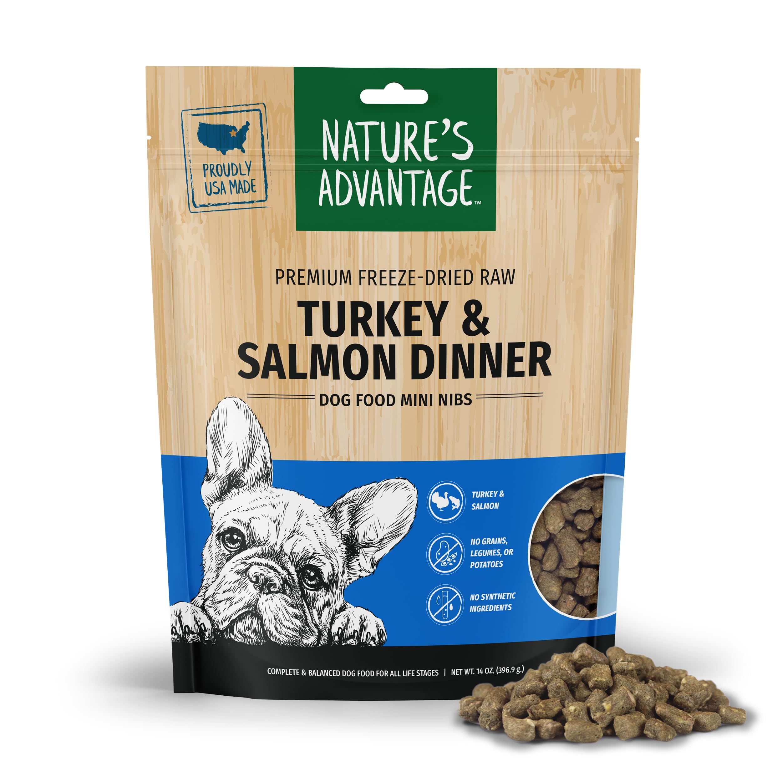 Natures Advantage Freeze-Dried Raw Turkey & Salmon Dinner Dog Food Mini Nibs, 14 oz | Grain Free, High Protein Nutrition