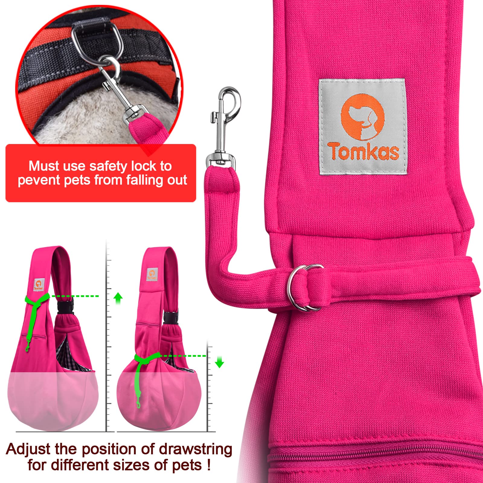 TOMKAS Dog Sling Carrier for Small Dogs, Adjustable Strap, Rose Red, 3-10 lbs, Polyester, Zipper Pocket