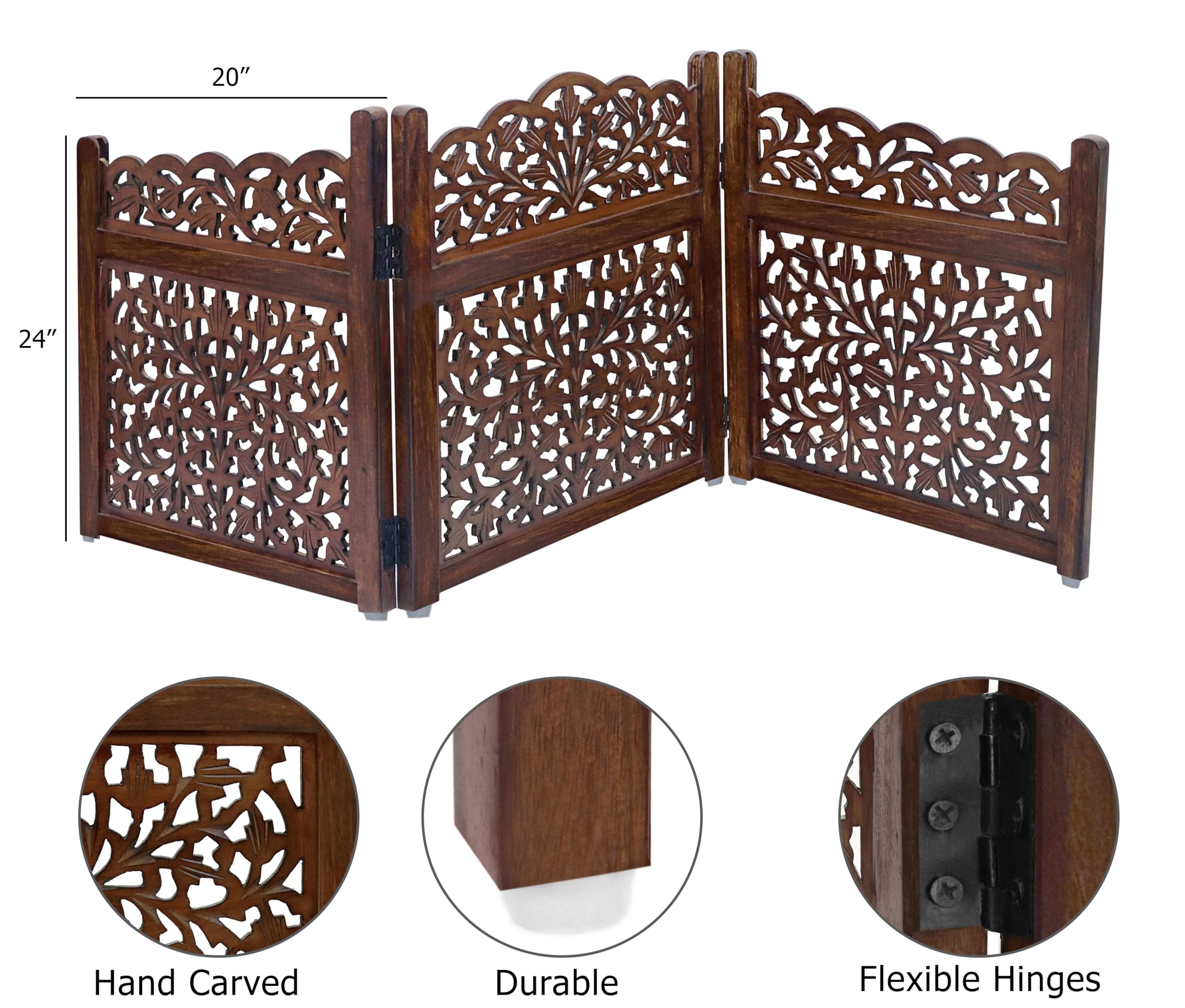 Wooden Foldable Pet Dog Safety Gate - 3 Panel 20' W X 24' H - Hand Carved Mahanadi Free Standing Portable Indoor Puppy Gate -