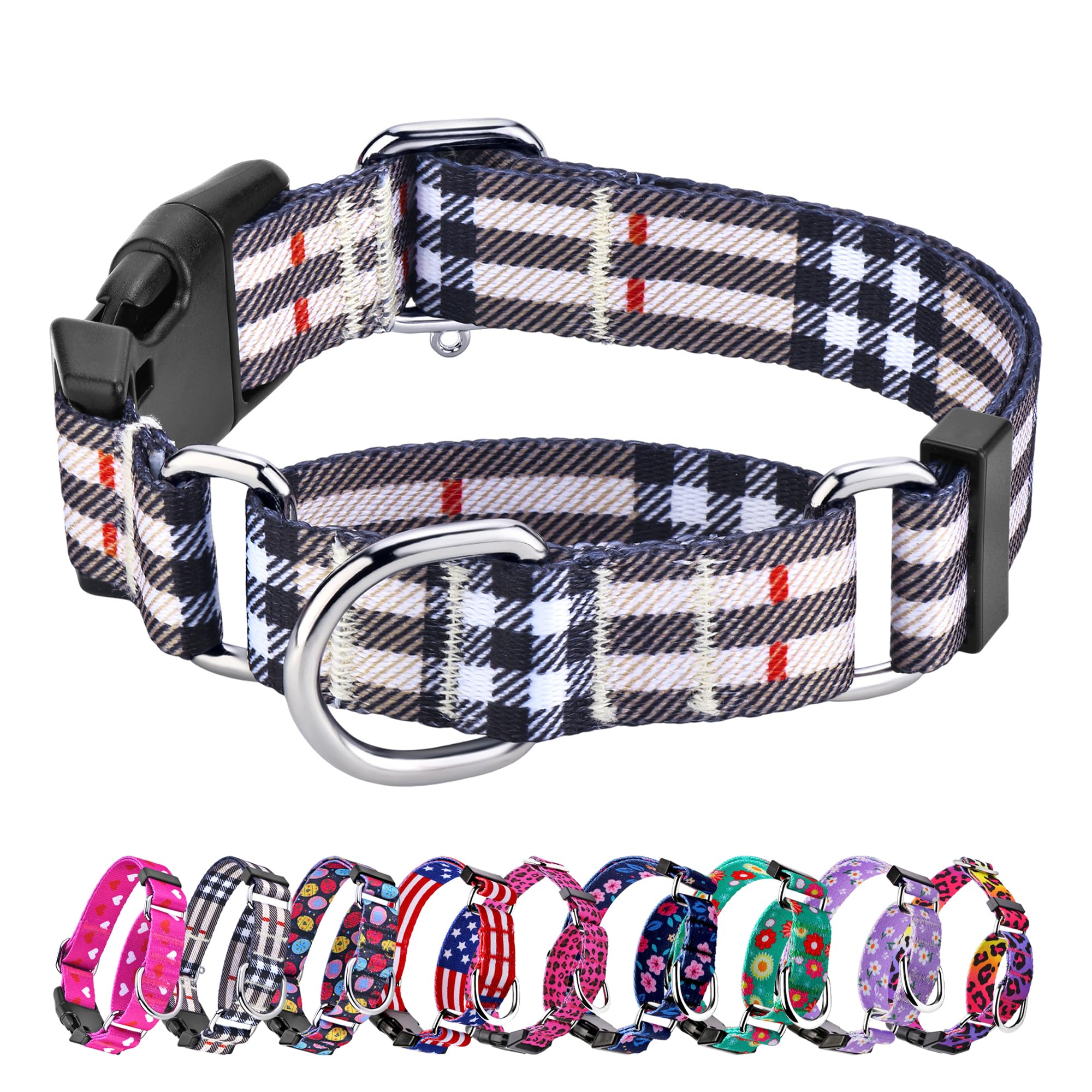 Hikiko Dog Collar For Small Medium Large Dogs, Adjustable Nylon Martingale Collars With Quick Release Buckle (Beige Plaid,L)