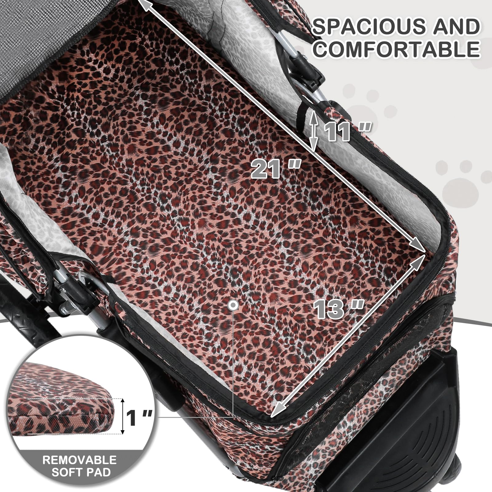 Monibloom 3 Wheels Pet Dog Cat Stroller For Small Medium Dogs Cats, Lightweight Foldable Jogger Stroller W/Storage Basket & Cup Holder, Leopard Print