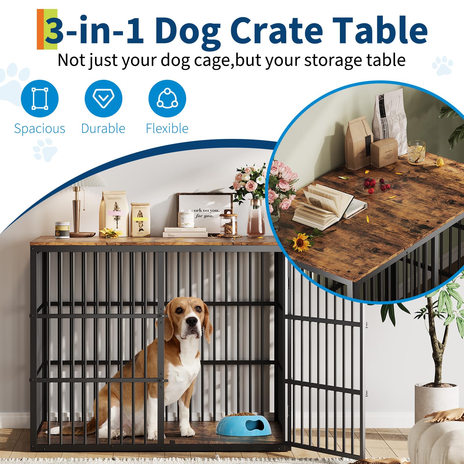 48 Dog Crate Furniture, 3-in-1 Wooden Dog Kennel with 3 Lockable Doors, Heavy Duty Metal Frame & Sturdy Panels, Large End Tabl