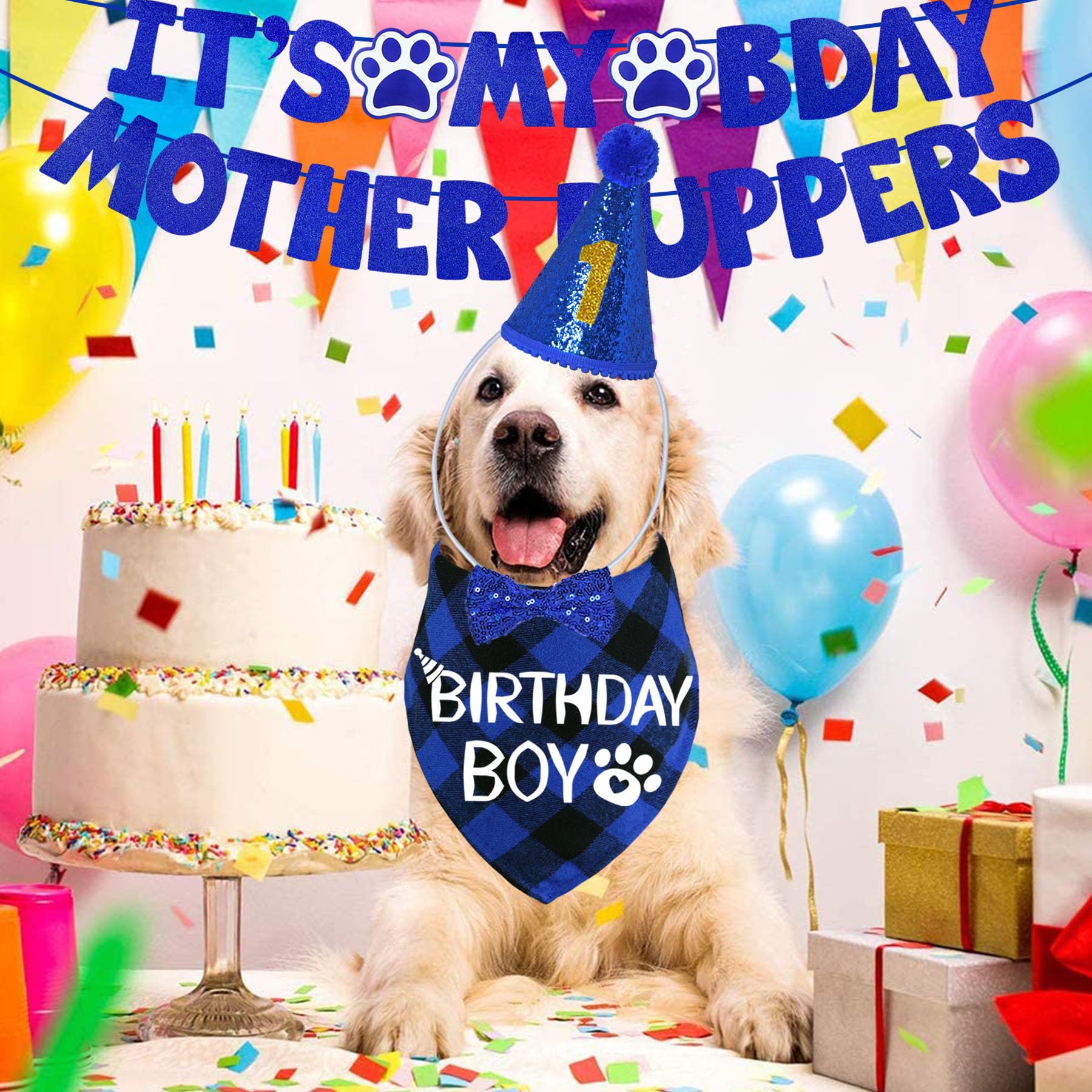 Stmk Dog Birthday Decorations, Multi Sizes Dog Birthday Hat Bandana Bow Tie Numbers Its My Bday Mother Puppers Banner For Large