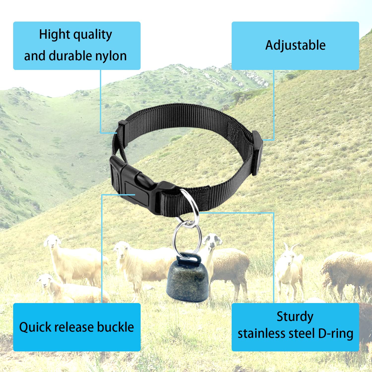 Oisinlas 4 Pack Goat Collar With Bell, Pet Grazing Copper Bells, Cow Horse Sheep Anti-Lost Bronze Bell Accessories Adjustable An