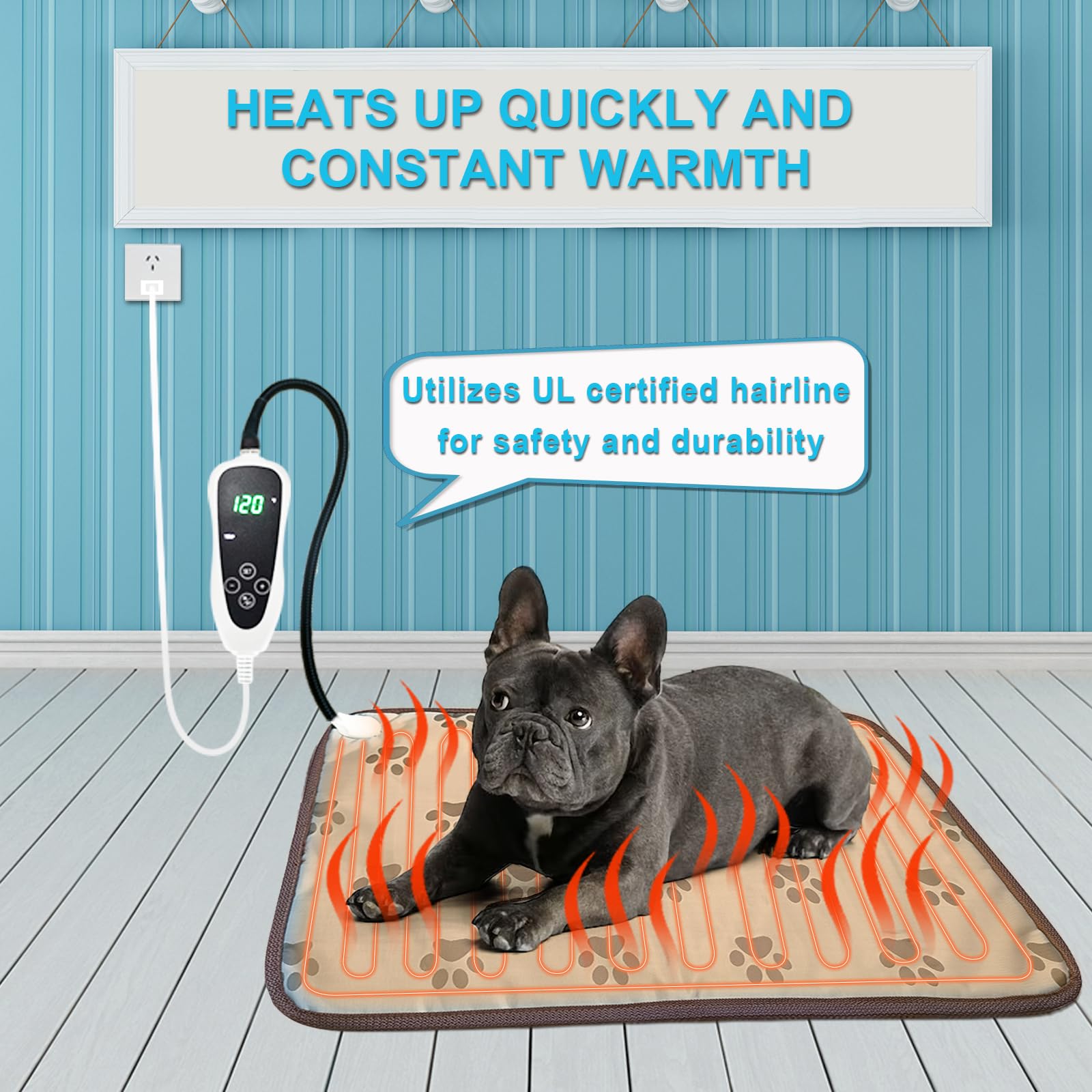 Golopet Large Dog Heating Pad 34X21In,Suitable For German Shepherds, Golden Retrievers, Waterproof +Smart Thermostat Switch+Chew Resistant Steel Cord,Heated Dog Bed,Complimentary A Fleece Fabric Cover