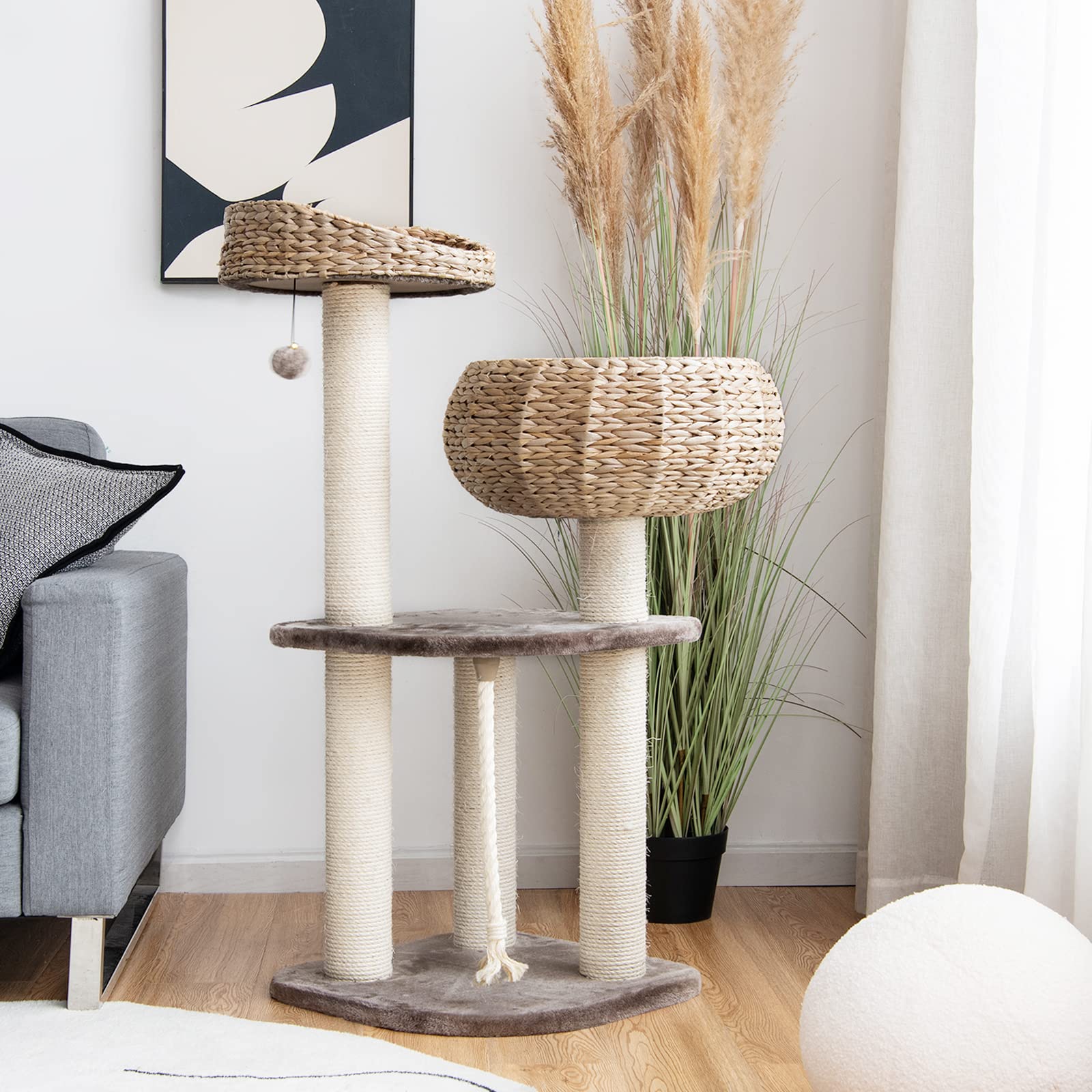 Tangkula Modern Cat Tree For Indoor Cats, Small/Tall Cat Tree With Natural Sisal Scratching Post, Hand-Made Wicker Cat Condo & T