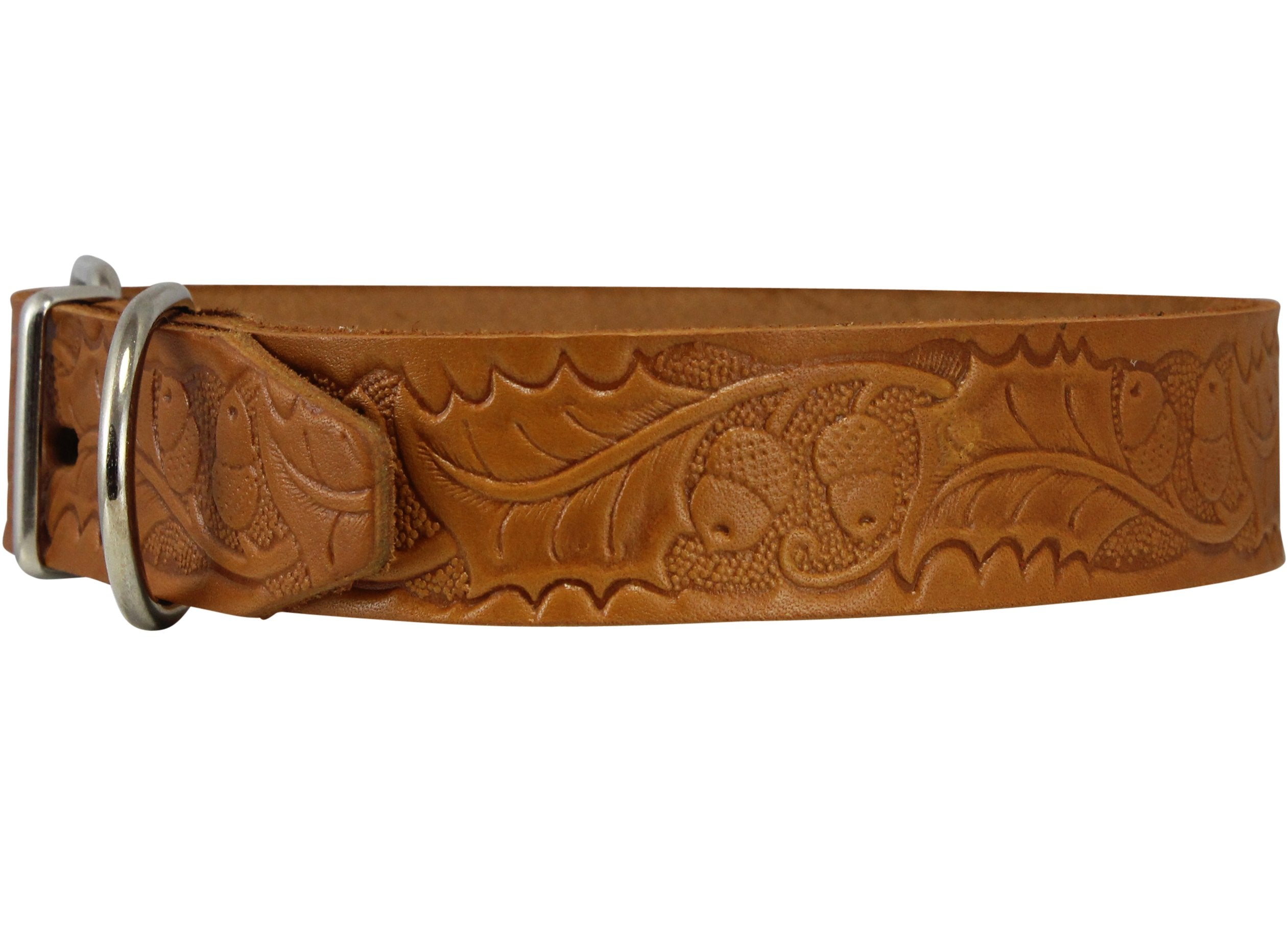 Genuine Tooled Leather Dog Collar Floral Pattern Tan 3 Sizes (Neck Circumf: 10.5'-14'; 1' Wide)