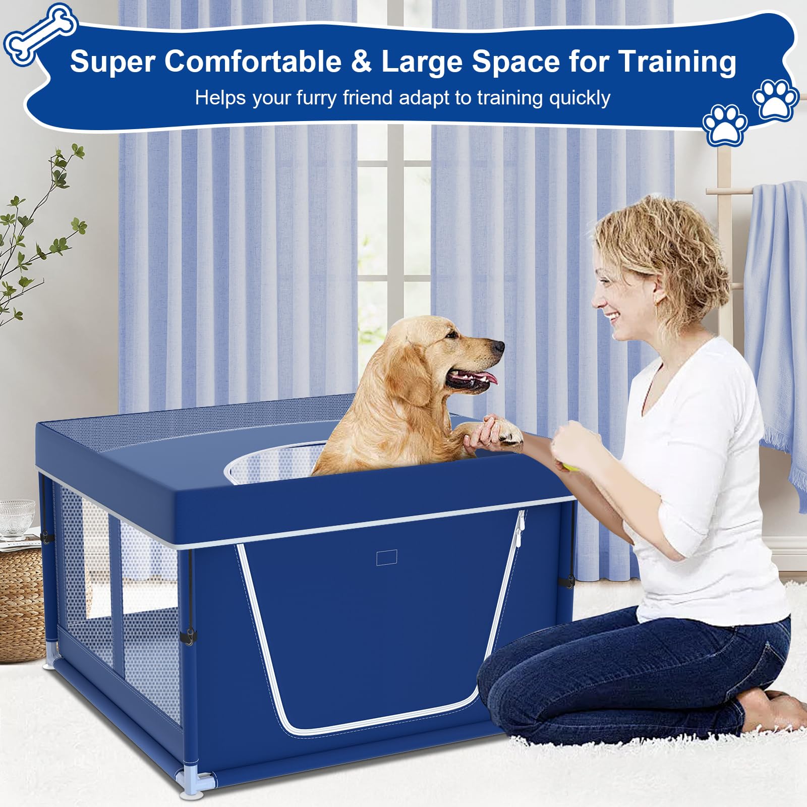 Xvishx 42X42X26 Inches Blue Puppy Playpen With Top Cover, Dog Playpen For Small Dogs, Sturdy Safety Dog Pen With Thickened Fabri
