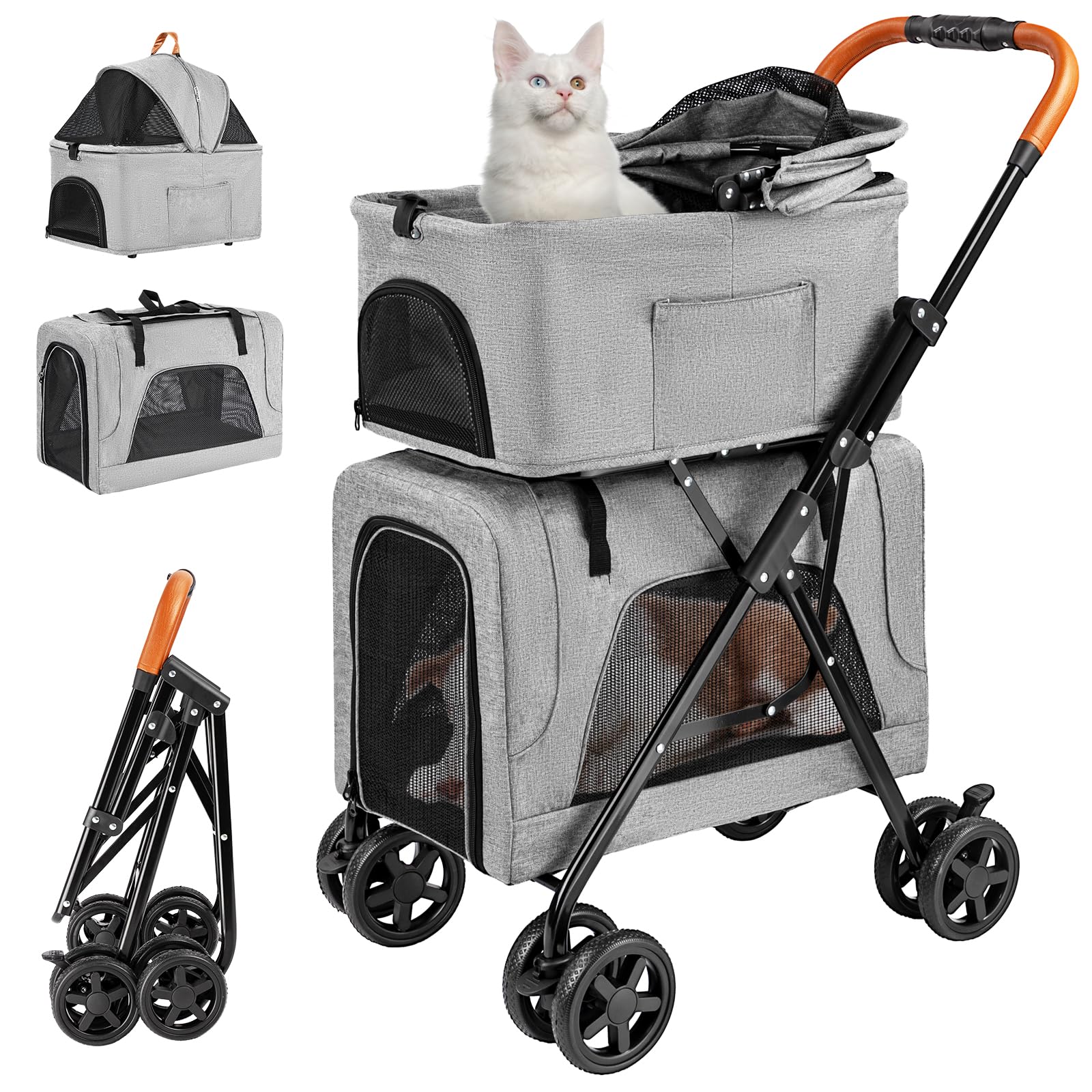 LPOTIUS Double Pet Stroller with Detachable Carrier for Medium Small Dogs and Cats, Lightweight Dog Stroller Travel Carriage wit