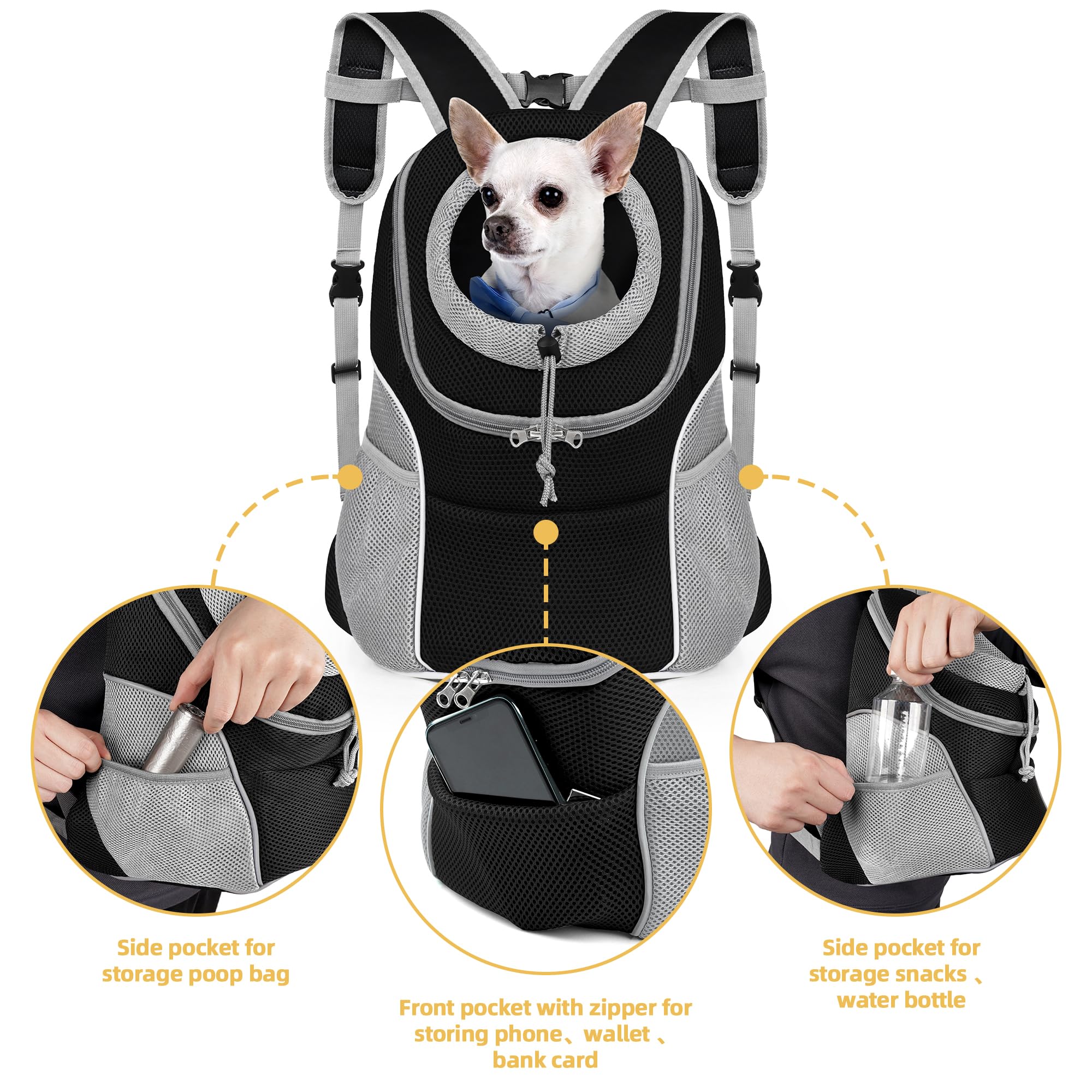 Woyyho Pet Dog Carrier Backpack Side Storage Pockets Dog Backpack Carrier Adjustable Straps Dog Head-Out Backpacks Puppy Front A